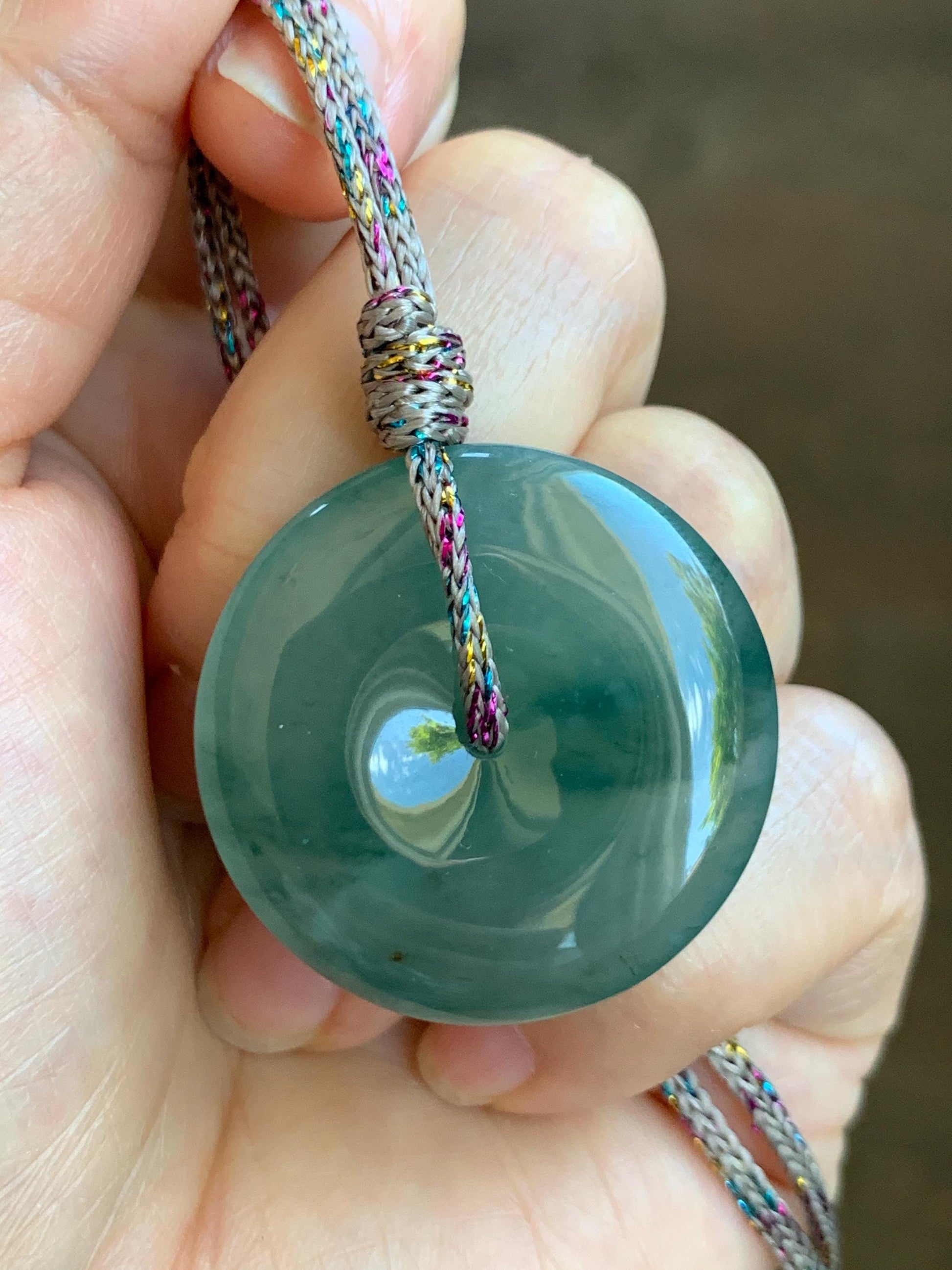 Certified Natural Grade A Guatemalan Icy Translucent Teal Green Jade Jadeite Ping An Kou Donut Pendant Rope Necklace 天然冰胶危飘花翡翠平安扣吊坠 8744