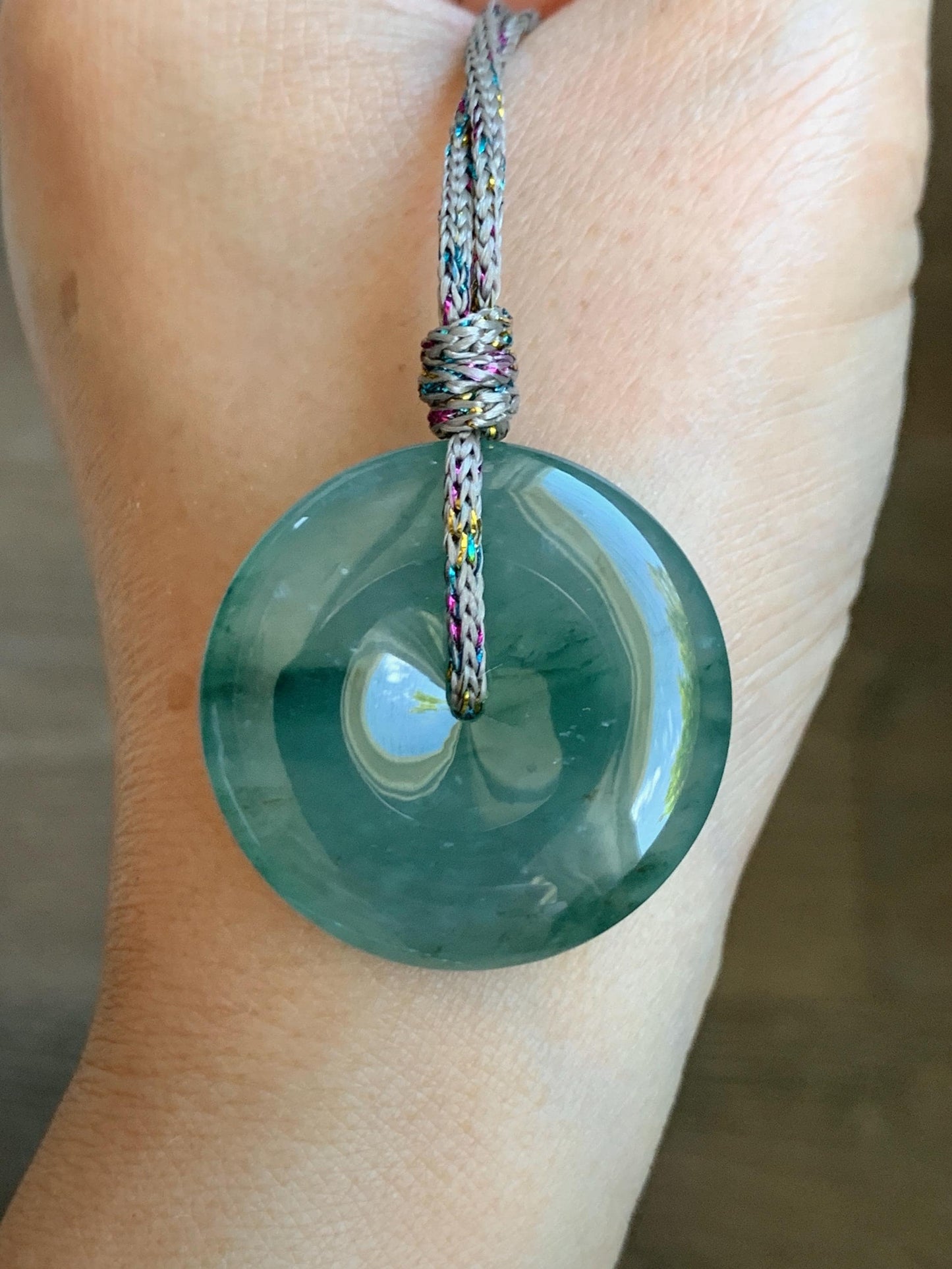 Certified Natural Grade A Guatemalan Icy Translucent Teal Green Jade Jadeite Ping An Kou Donut Pendant Rope Necklace 天然冰胶危飘花翡翠平安扣吊坠 8744