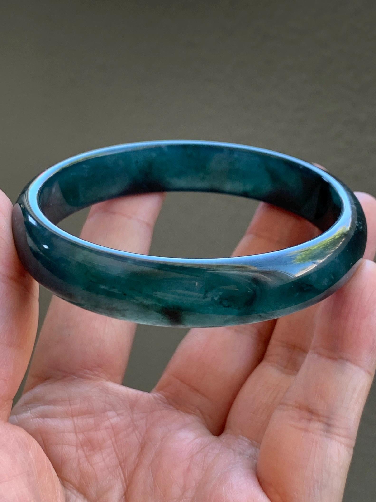 Certified Natural Grade A Guatemalan Icy Translucent Gelatinous Dark Teal Blue Jade Jadeite Wide Bangle 59.5mm 7.35" 天然老种冰胶危蓝绿翡翠正圈手镯 8779