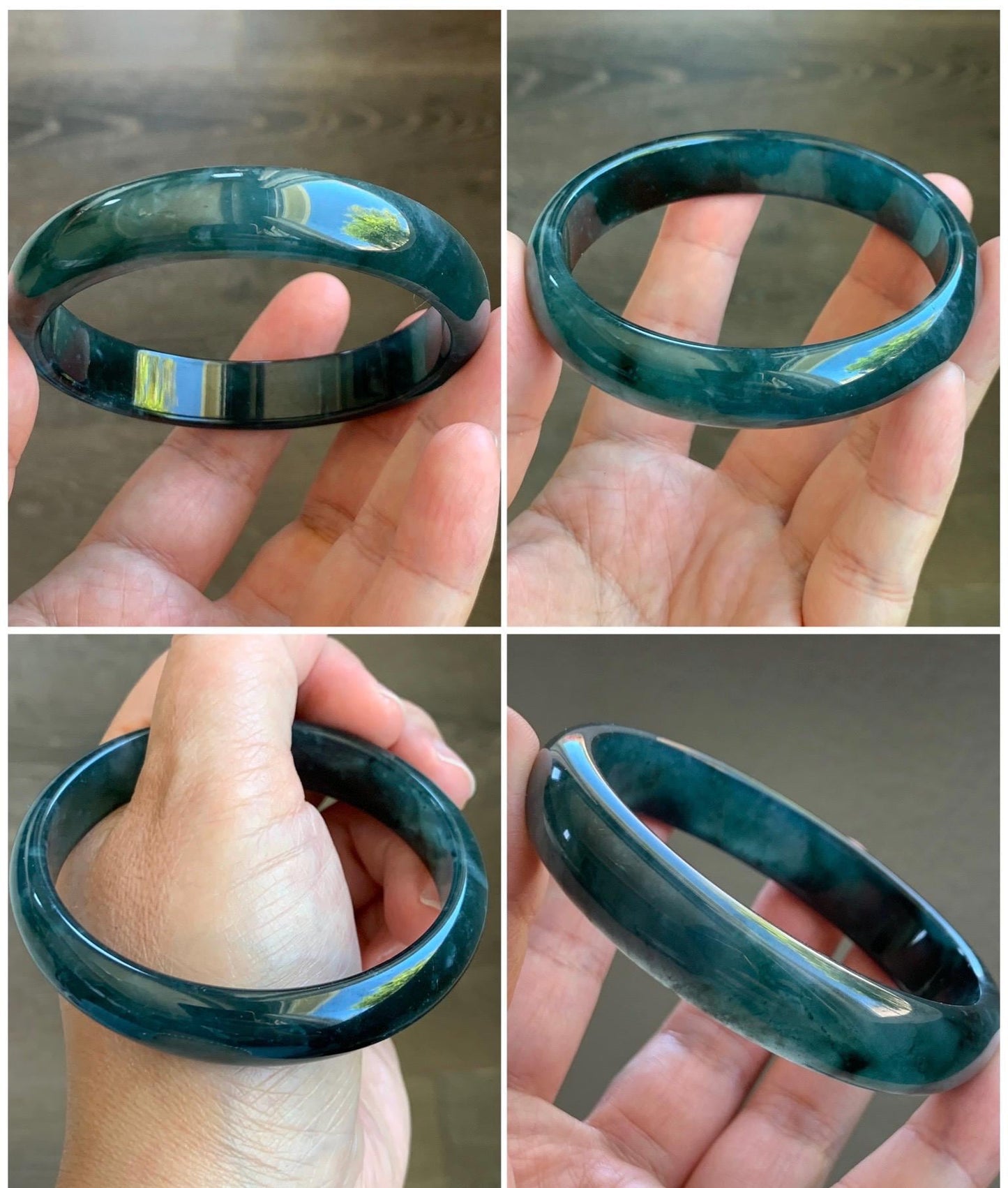 Certified Natural Grade A Guatemalan Icy Translucent Gelatinous Dark Teal Blue Jade Jadeite Wide Bangle 59.5mm 7.35" 天然老种冰胶危蓝绿翡翠正圈手镯 8779