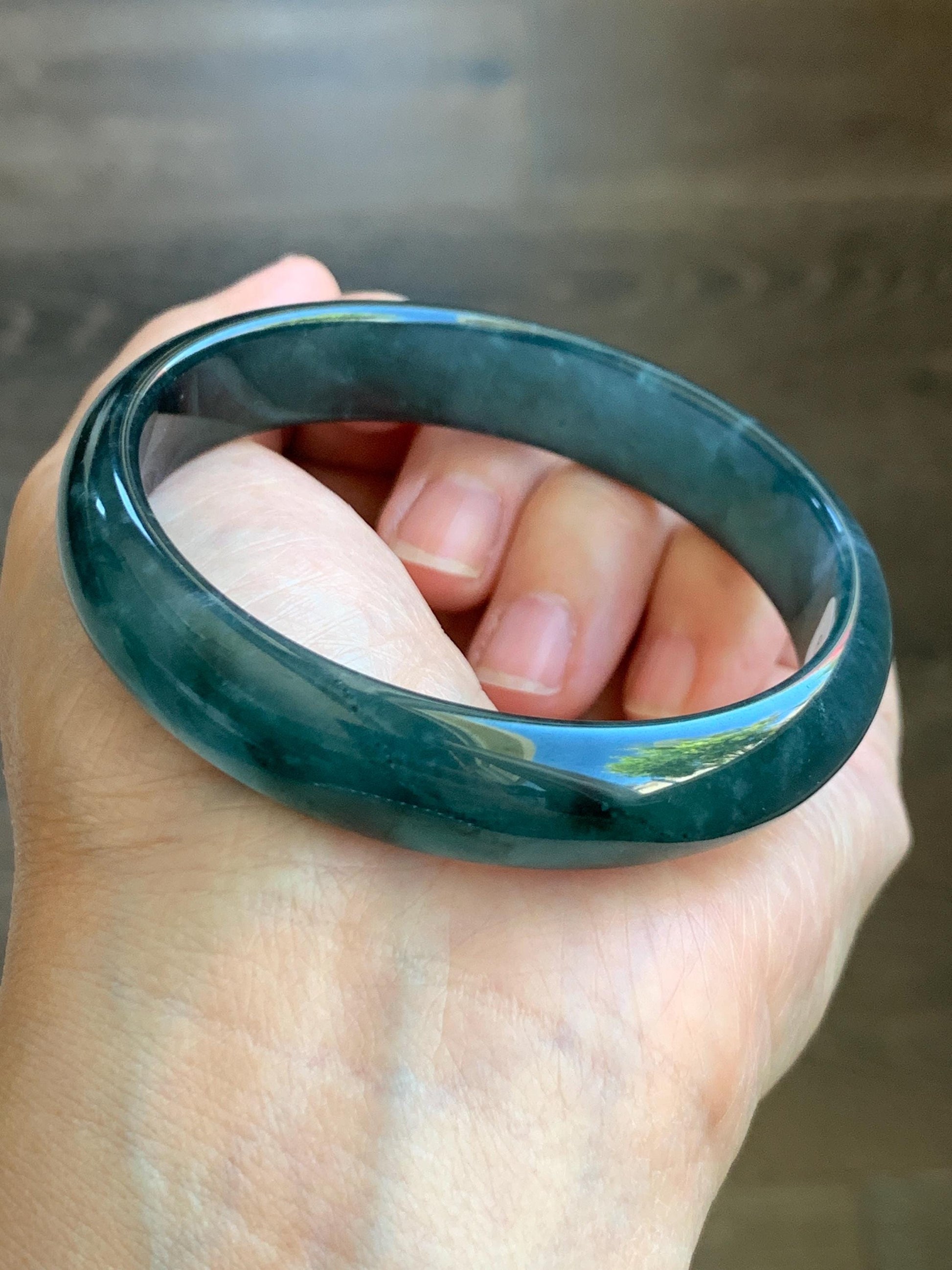 Certified Natural Grade A Guatemalan Icy Translucent Gelatinous Dark Teal Blue Jade Jadeite Wide Bangle 59.5mm 7.35" 天然老种冰胶危蓝绿翡翠正圈手镯 8779