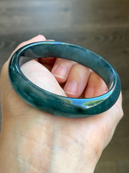 Certified Natural Grade A Guatemalan Icy Translucent Gelatinous Dark Teal Blue Jade Jadeite Wide Bangle 59.5mm 7.35" 天然老种冰胶危蓝绿翡翠正圈手镯 8779