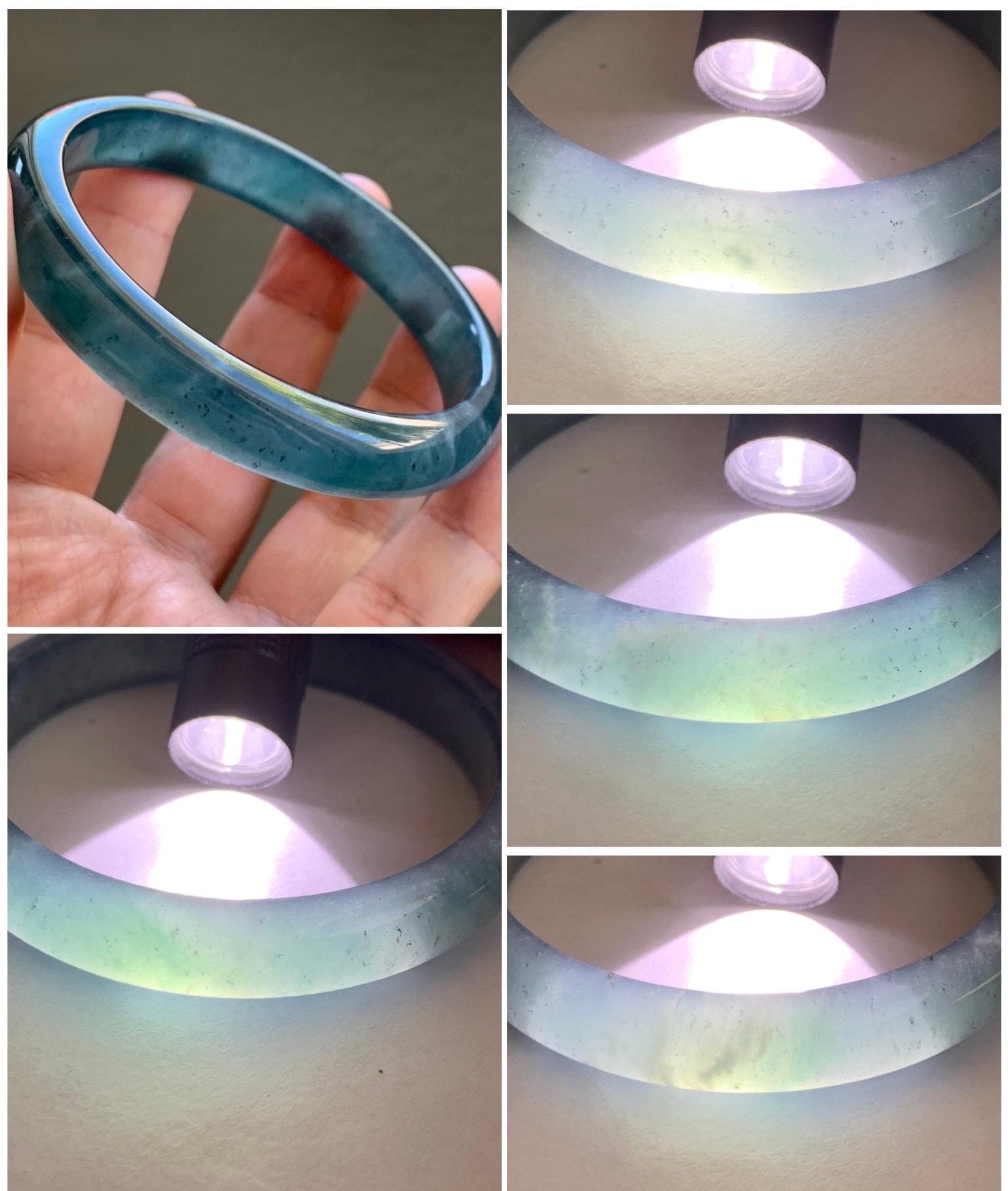 Certified Natural Grade A Guatemalan Icy Translucent Gelatinous Dark Teal Blue Jade Jadeite Wide Bangle 58.6mm 7.25" 天然老种冰胶危蓝绿翡翠正圈手镯 8775