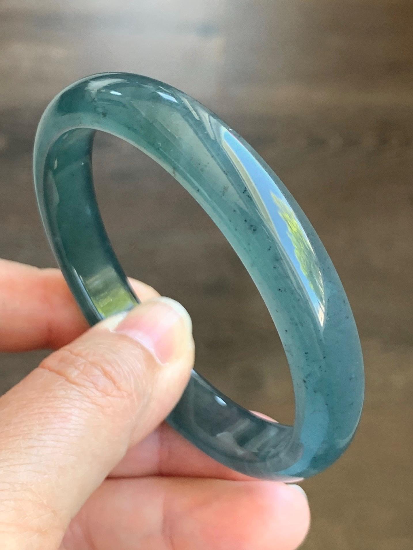 Certified Natural Grade A Guatemalan Icy Translucent Gelatinous Dark Teal Blue Jade Jadeite Wide Bangle 58.6mm 7.25" 天然老种冰胶危蓝绿翡翠正圈手镯 8775