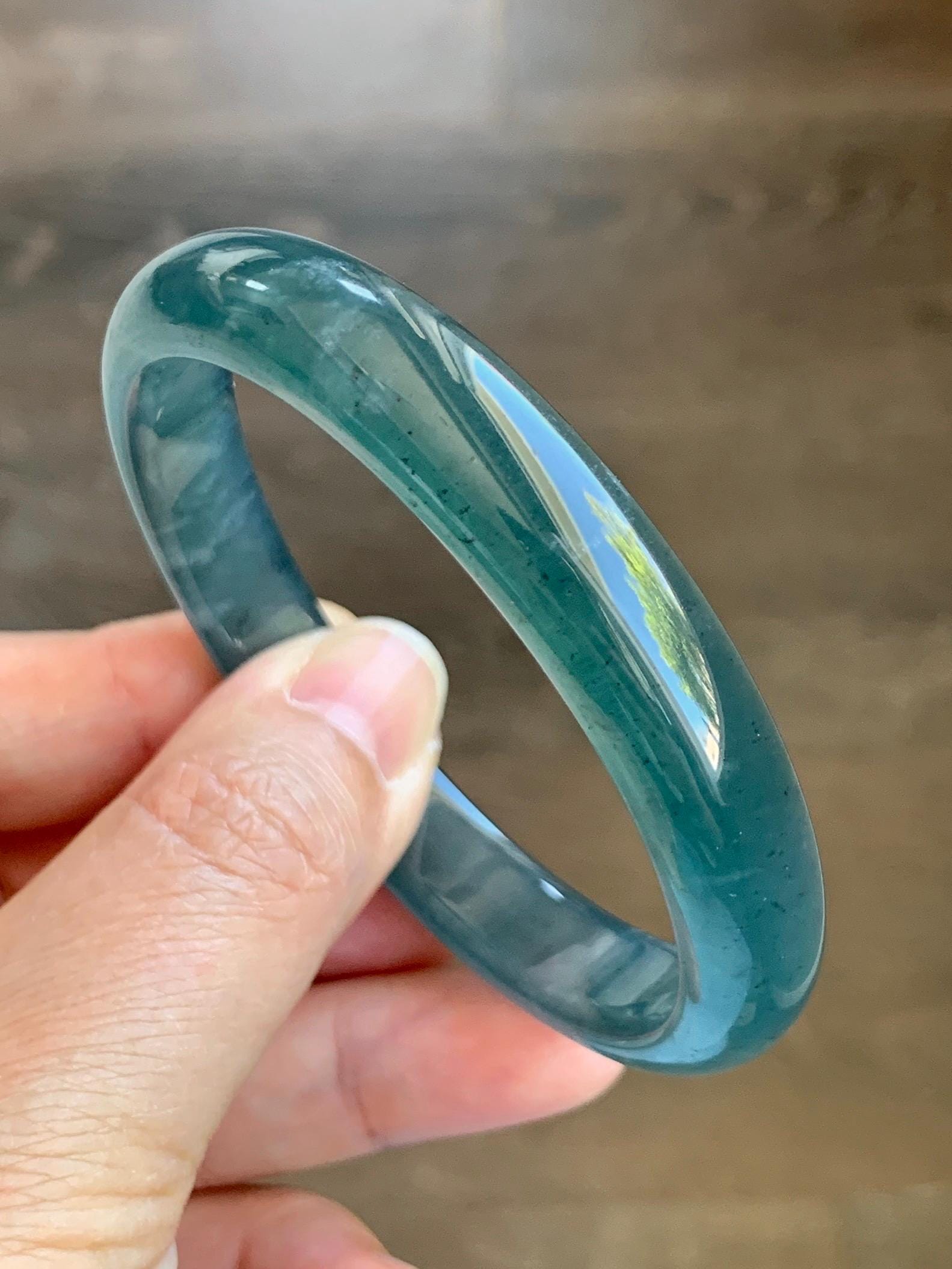 Certified Natural Grade A Guatemalan Icy Translucent Gelatinous Dark Teal Blue Jade Jadeite Wide Bangle 58.6mm 7.25" 天然老种冰胶危蓝绿翡翠正圈手镯 8775