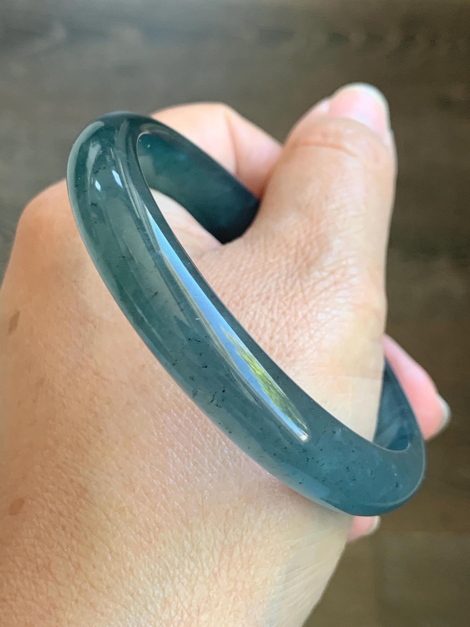 Certified Natural Grade A Guatemalan Icy Translucent Gelatinous Dark Teal Blue Jade Jadeite Wide Bangle 58.6mm 7.25" 天然老种冰胶危蓝绿翡翠正圈手镯 8775