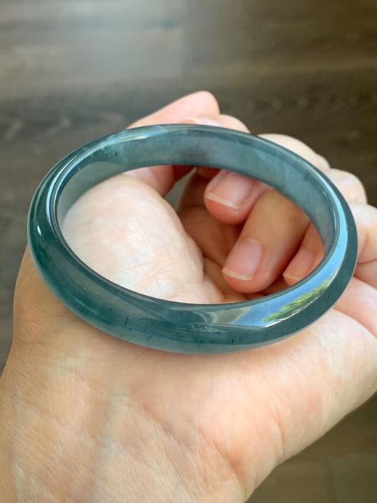 Certified Natural Grade A Guatemalan Icy Translucent Gelatinous Dark Teal Blue Jade Jadeite Wide Bangle 58.6mm 7.25" 天然老种冰胶危蓝绿翡翠正圈手镯 8775