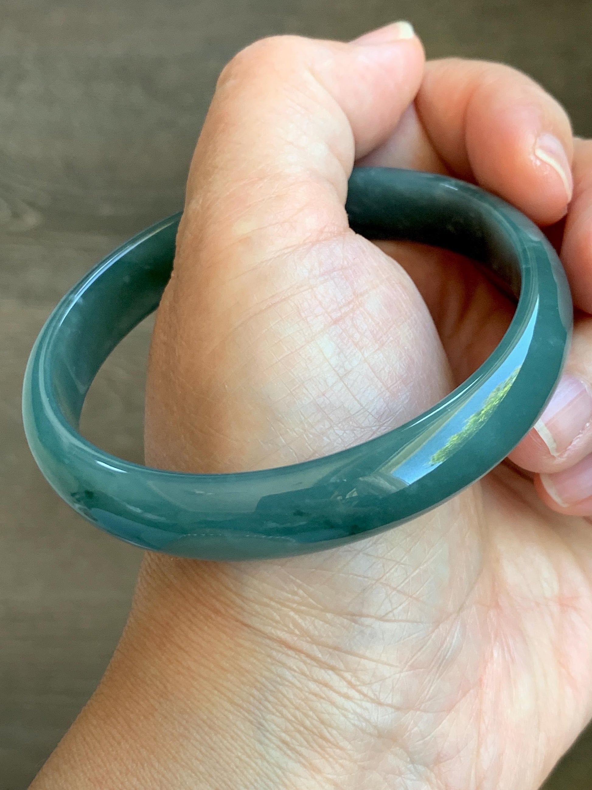 Certified Natural Grade A Guatemalan Translucent Dark Teal Jade Jadeite Wide Bangle Bracelet 61.7mm 7.62" 39g 天然危蓝绿糯种翡翠正圈手镯 8785