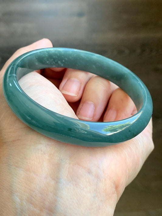 Certified Natural Grade A Guatemalan Translucent Dark Teal Jade Jadeite Wide Bangle Bracelet 61.7mm 7.62" 39g 天然危蓝绿糯种翡翠正圈手镯 8785