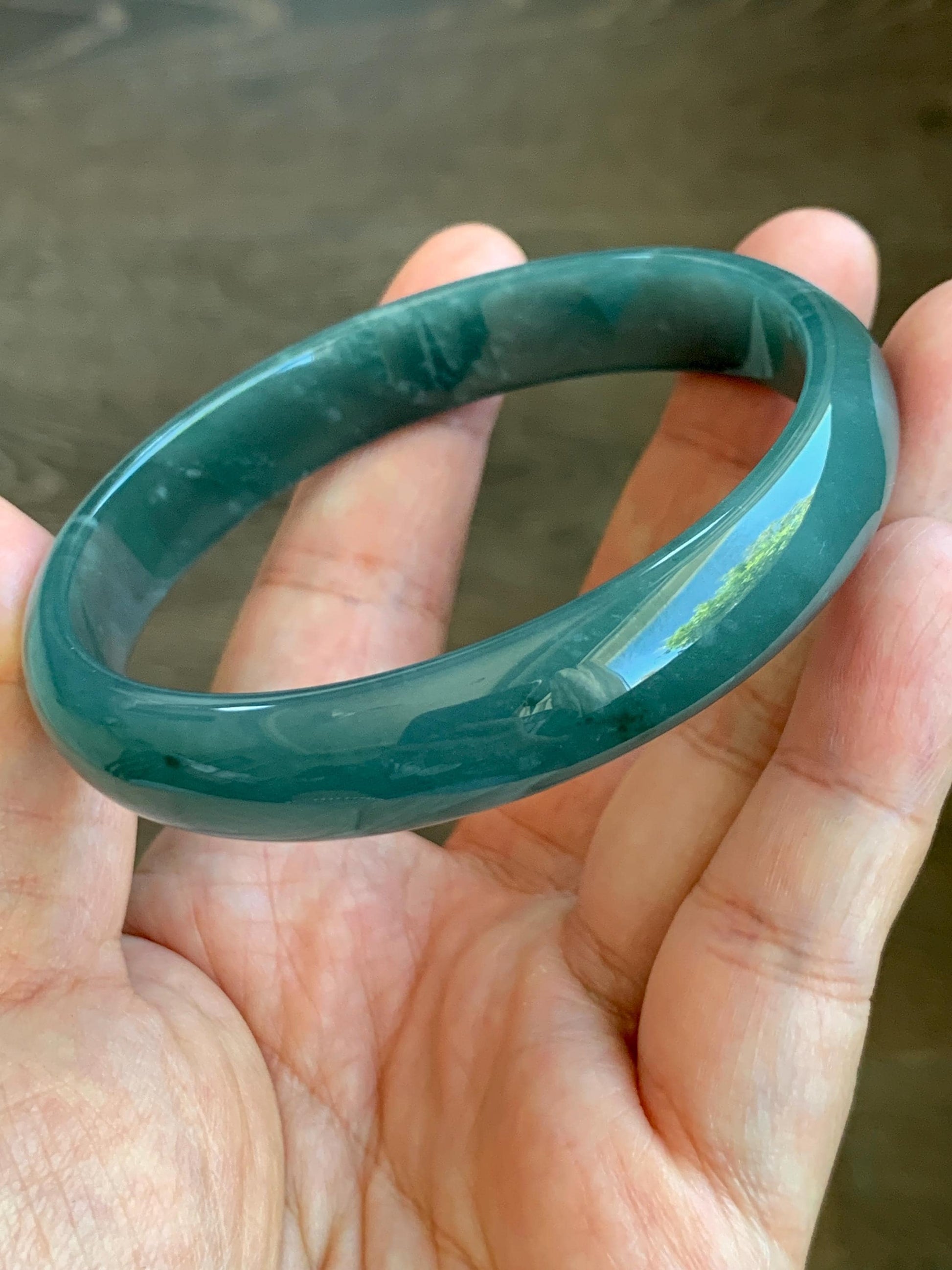 Certified Natural Grade A Guatemalan Translucent Dark Teal Jade Jadeite Wide Bangle Bracelet 61.7mm 7.62" 39g 天然危蓝绿糯种翡翠正圈手镯 8785