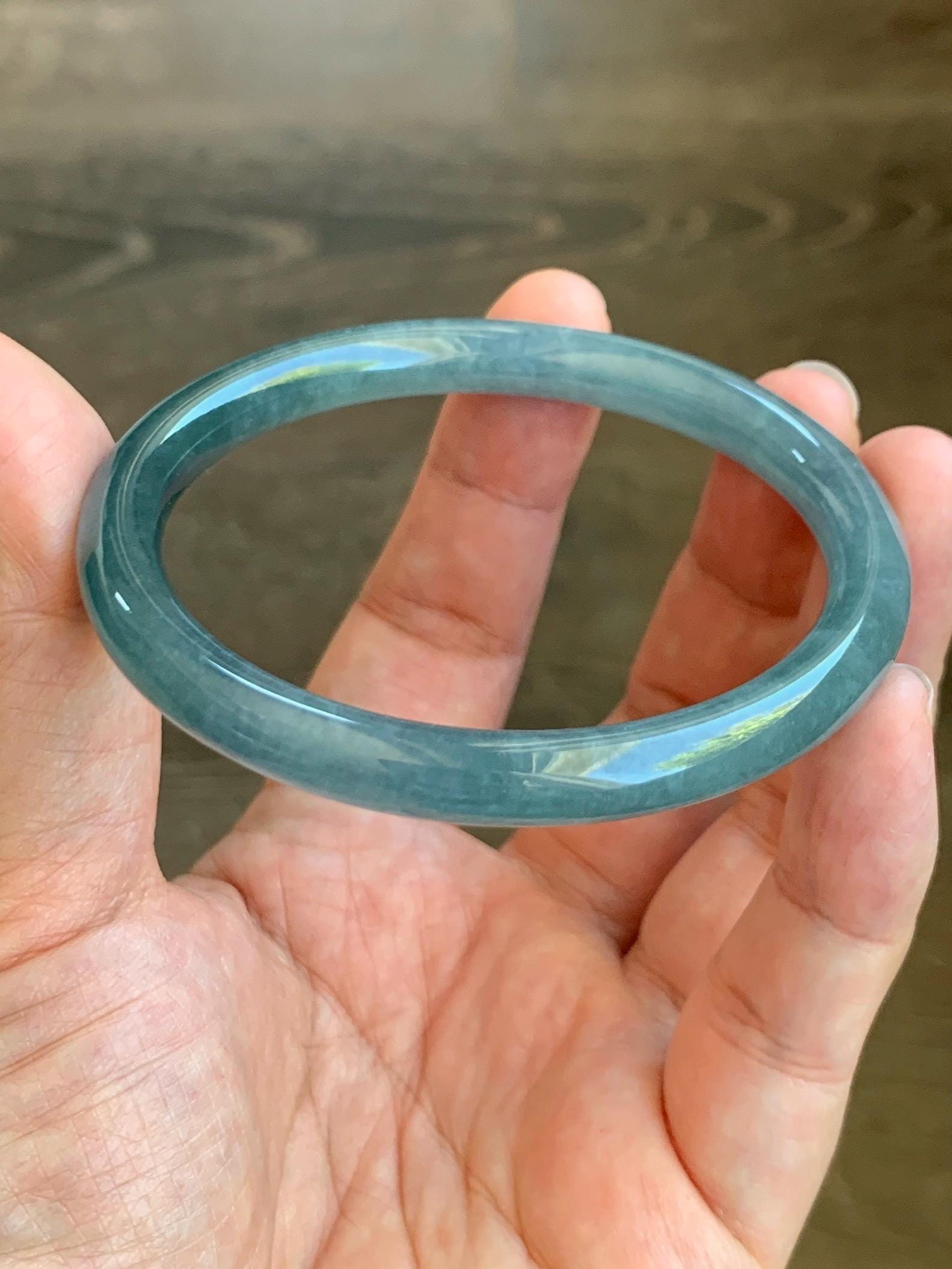 Certified Natural Grade A Guatemalan Icy Translucent Dusty Teal Blue Jade Jadeite Bangle 56.54mm 7” 27.4g 天然冰胶危蓝翡翠细圆条手镯 8795