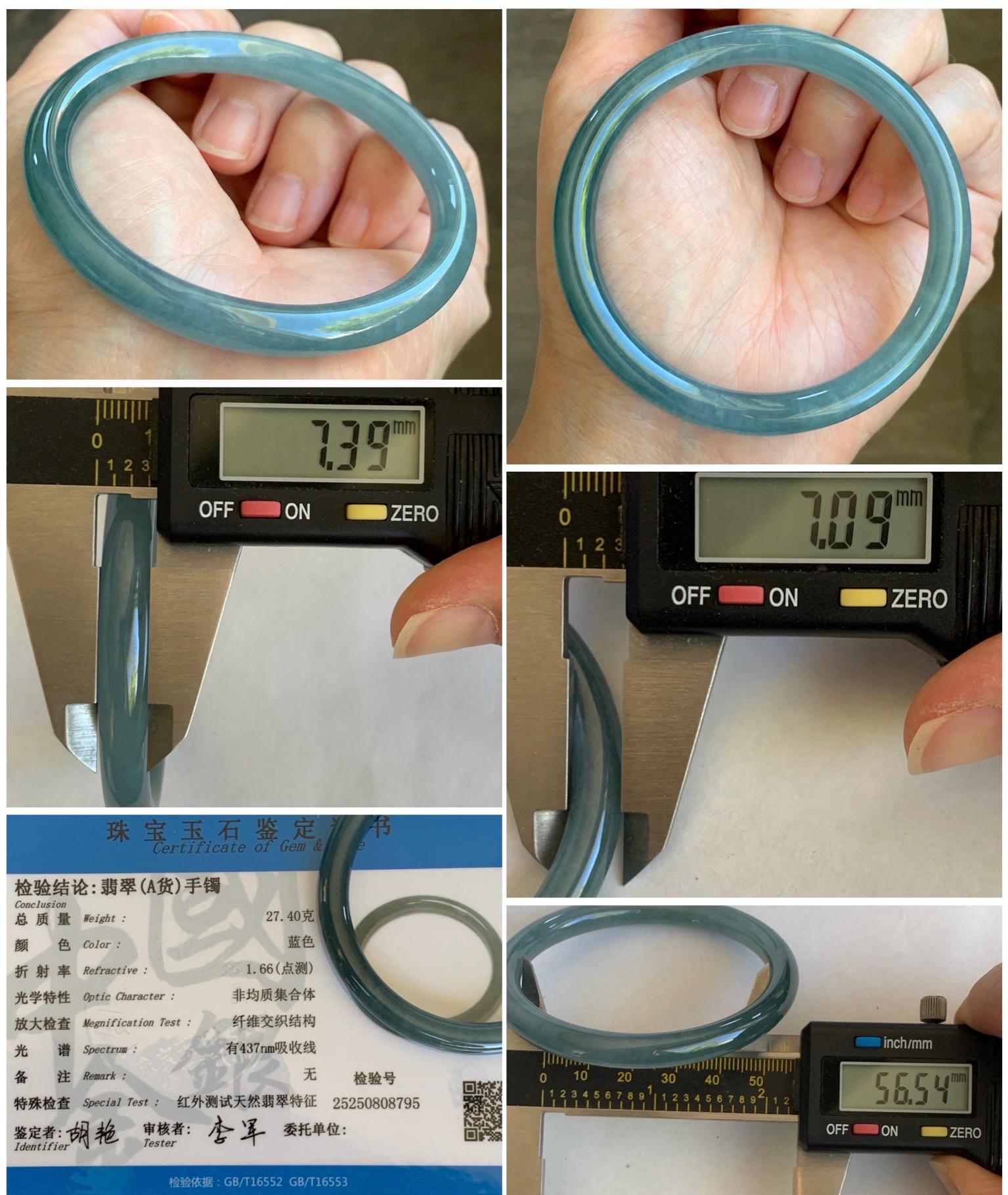 Certified Natural Grade A Guatemalan Icy Translucent Dusty Teal Blue Jade Jadeite Bangle 56.54mm 7” 27.4g 天然冰胶危蓝翡翠细圆条手镯 8795