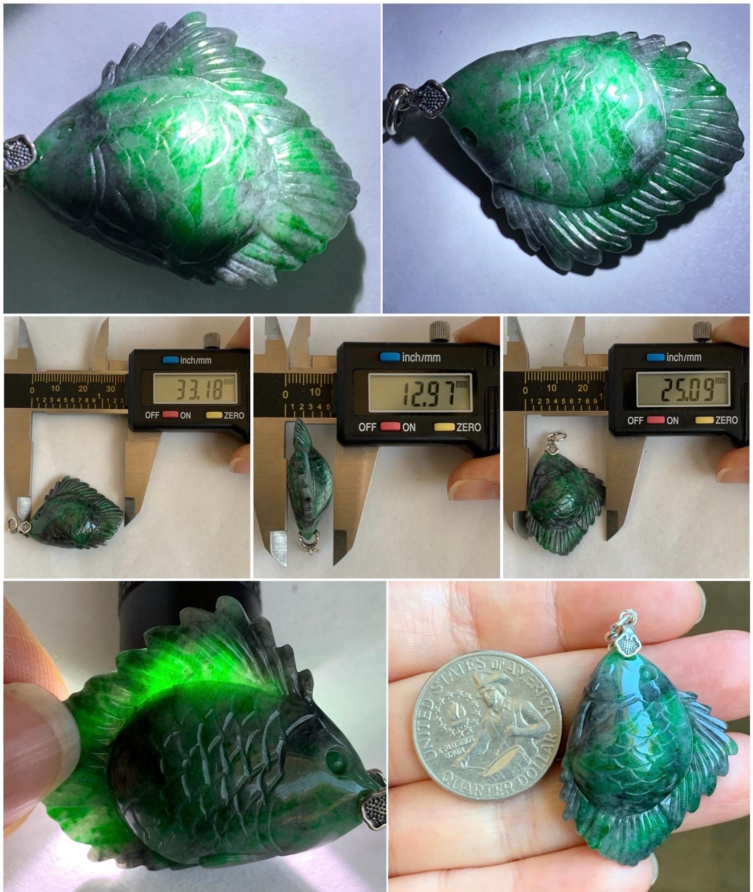 Natural Grade A Green Jadeite Fish Pendant Sterling Silver Bail Vibrant Green Wuji Marbled Carved Jade Icy Translucent 天然辣绿乌鸡飘花翡翠鱼吊坠 MLW220A