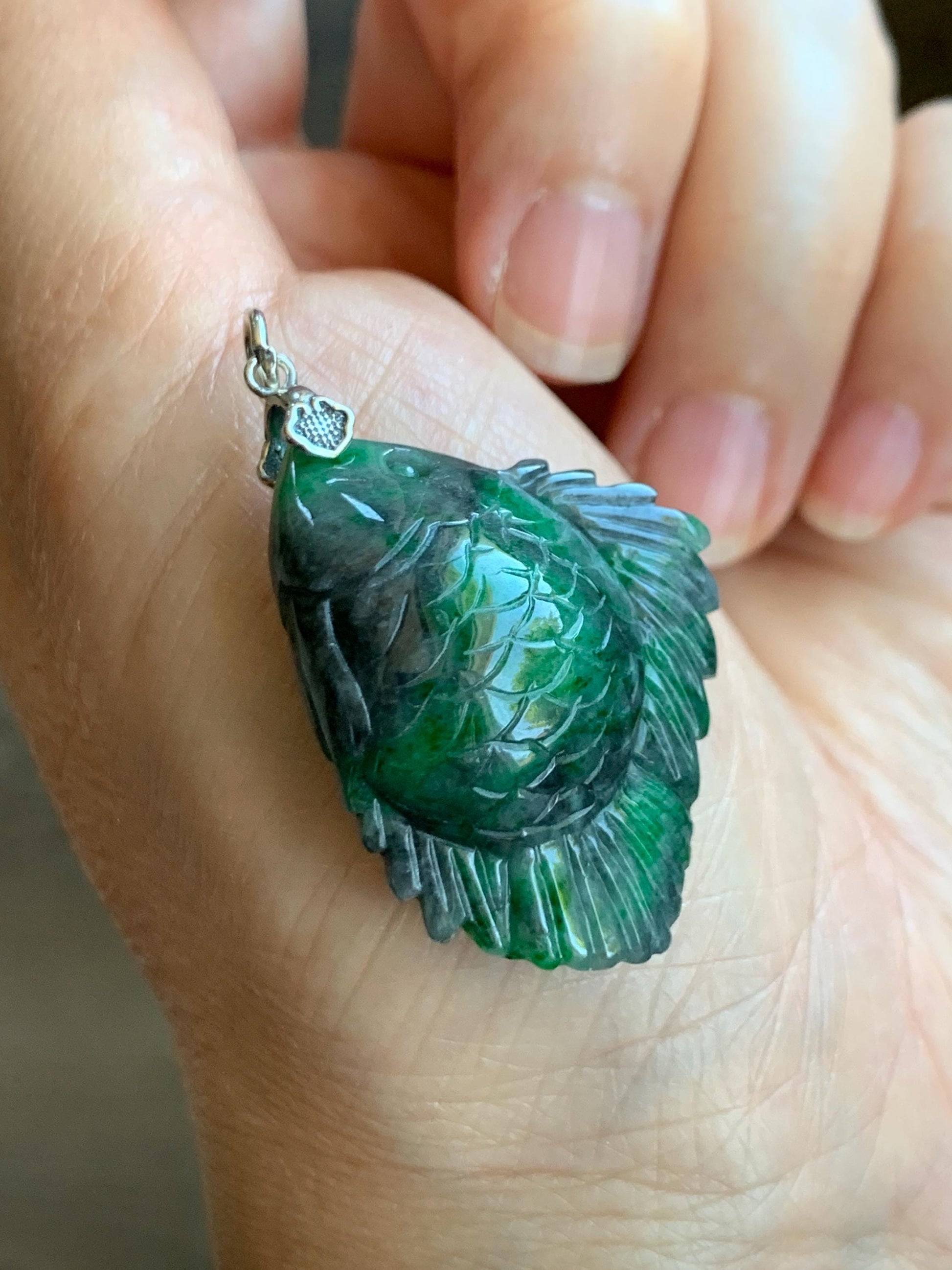 Natural Grade A Green Jadeite Fish Pendant Sterling Silver Bail Vibrant Green Wuji Marbled Carved Jade Icy Translucent 天然辣绿乌鸡飘花翡翠鱼吊坠 MLW220A
