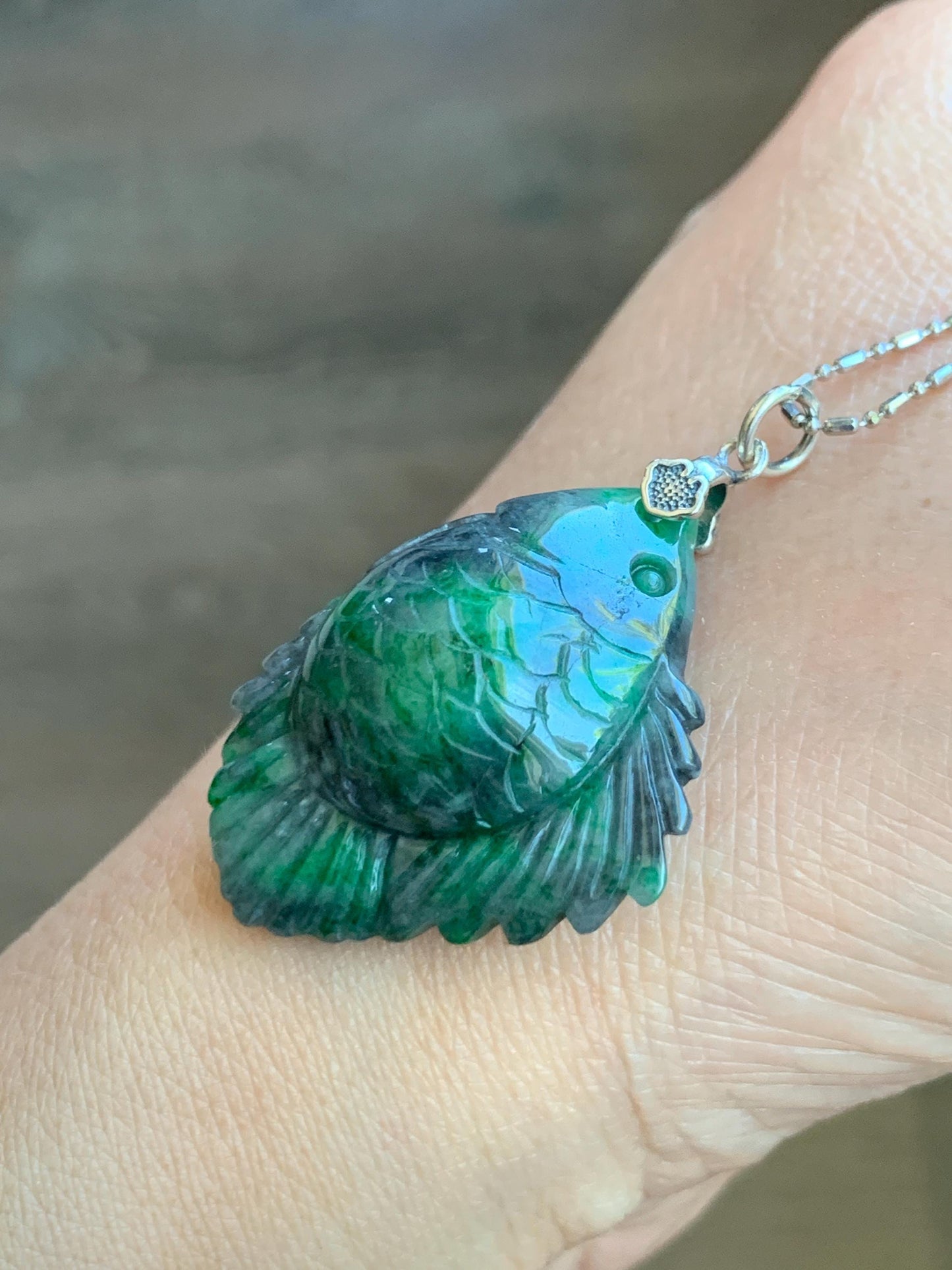 Natural Grade A Green Jadeite Fish Pendant Sterling Silver Bail Vibrant Green Wuji Marbled Carved Jade Icy Translucent 天然辣绿乌鸡飘花翡翠鱼吊坠 MLW220A