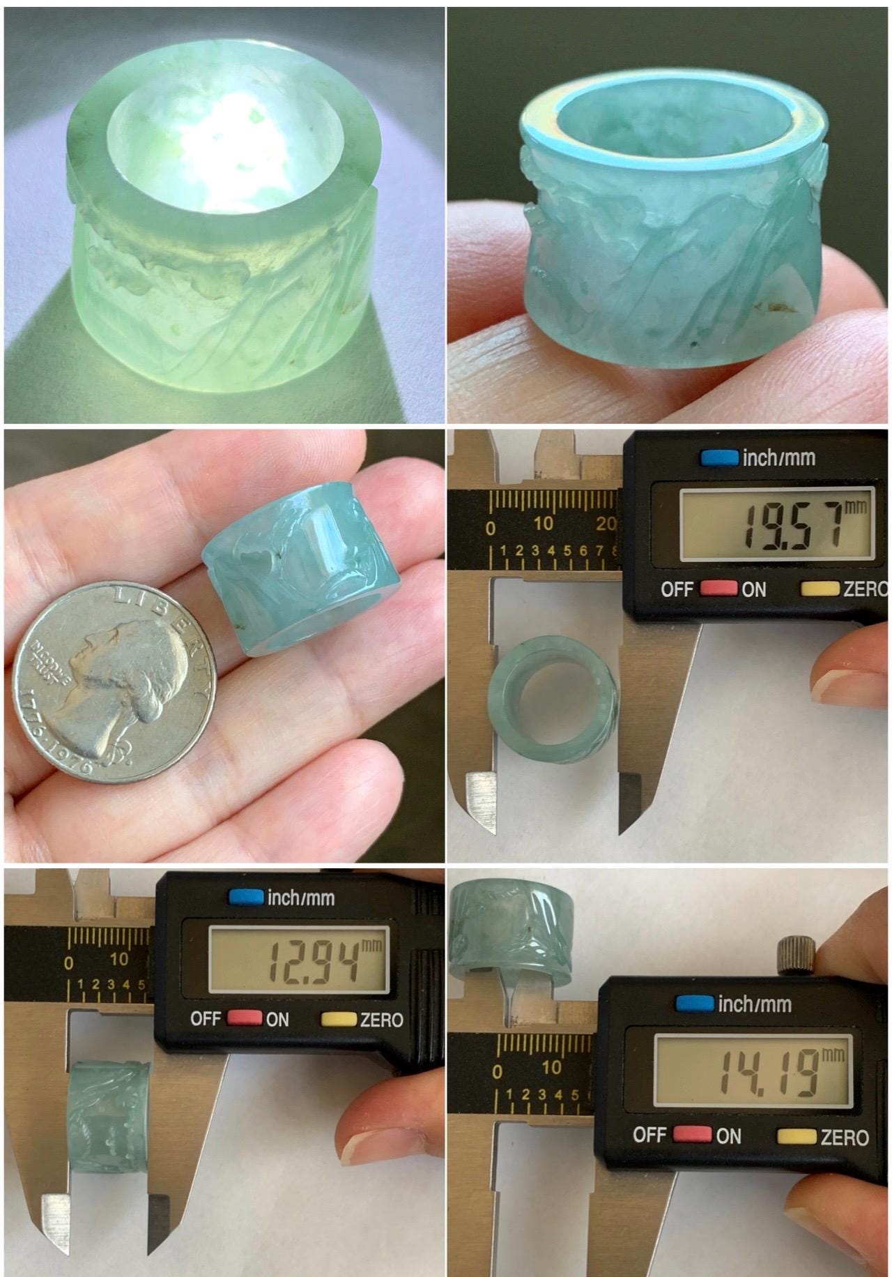 Engraved Jadeite Shan Shui Nature Pendant: Icy Translucent Light Teal Green Guatemalan Jade Natural Untreated Grade A 天然冰危浅绿翡翠山水雕跑环吊坠 QDW