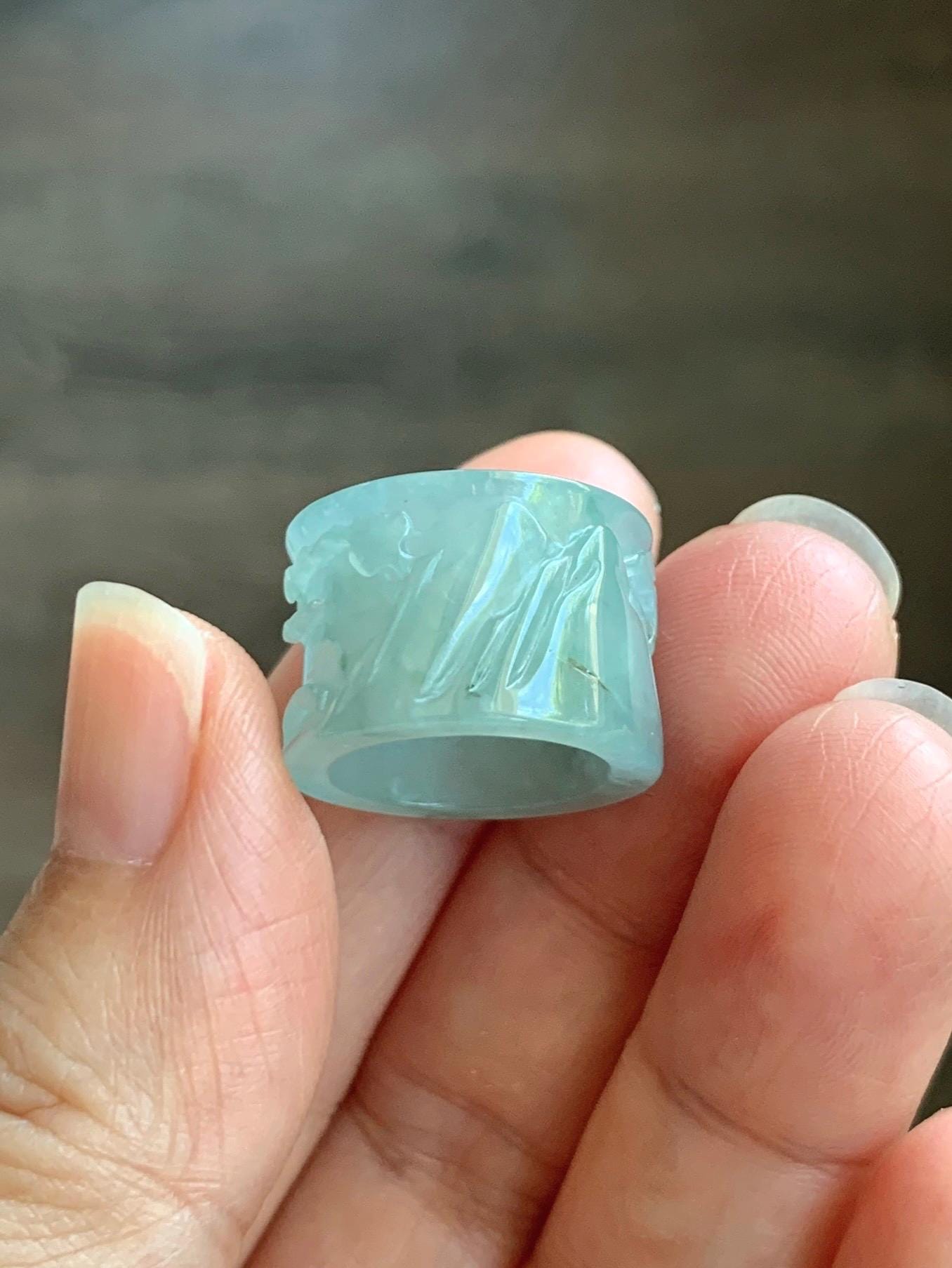 Engraved Jadeite Shan Shui Nature Pendant: Icy Translucent Light Teal Green Guatemalan Jade Natural Untreated Grade A 天然冰危浅绿翡翠山水雕跑环吊坠 QDW