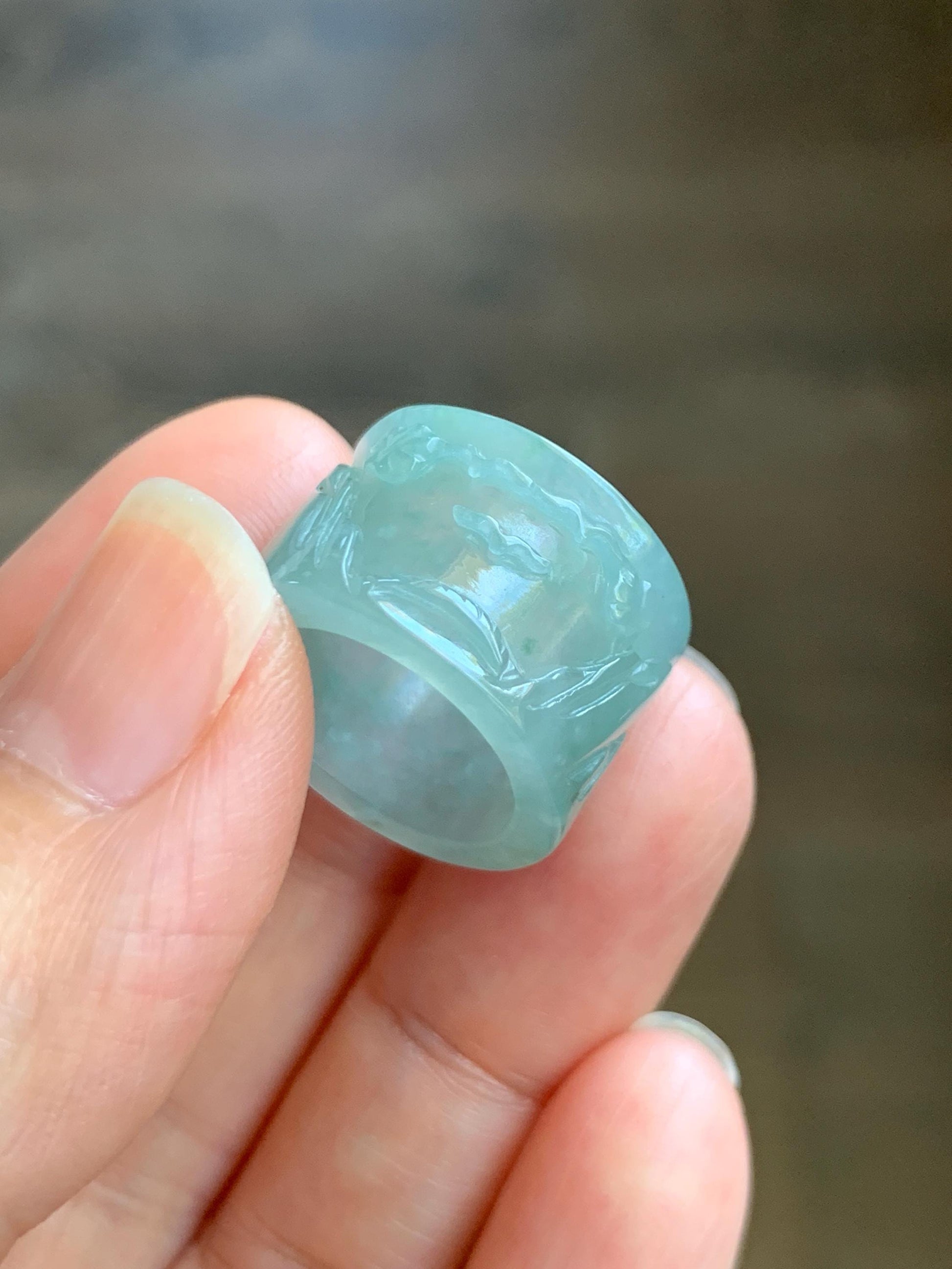 Engraved Jadeite Shan Shui Nature Pendant: Icy Translucent Light Teal Green Guatemalan Jade Natural Untreated Grade A 天然冰危浅绿翡翠山水雕跑环吊坠 QDW
