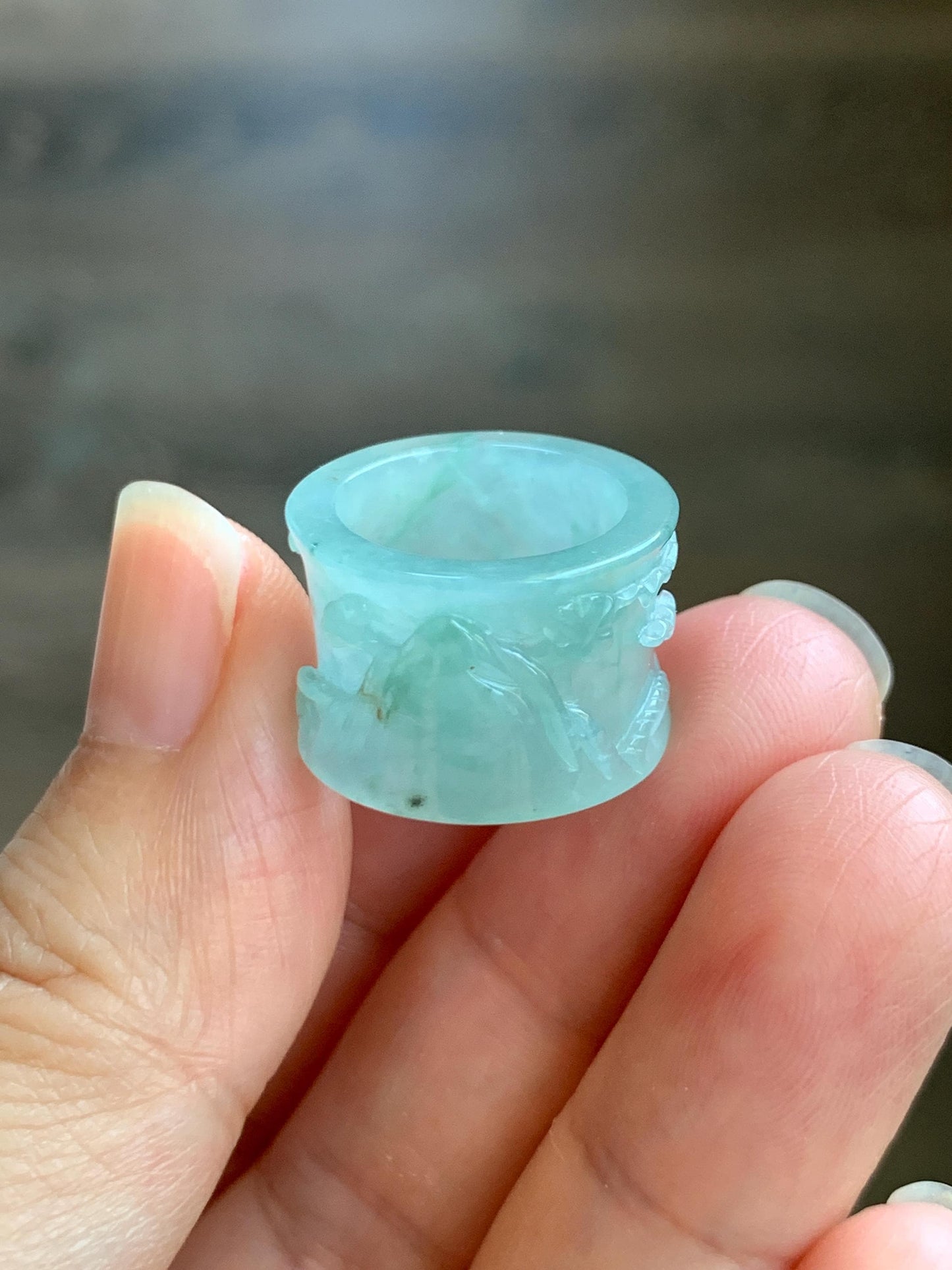 Engraved Jadeite Shan Shui Nature Pendant: Icy Translucent Light Teal Green Guatemalan Jade Natural Untreated Grade A 天然冰危浅绿翡翠山水雕跑环吊坠 QDW
