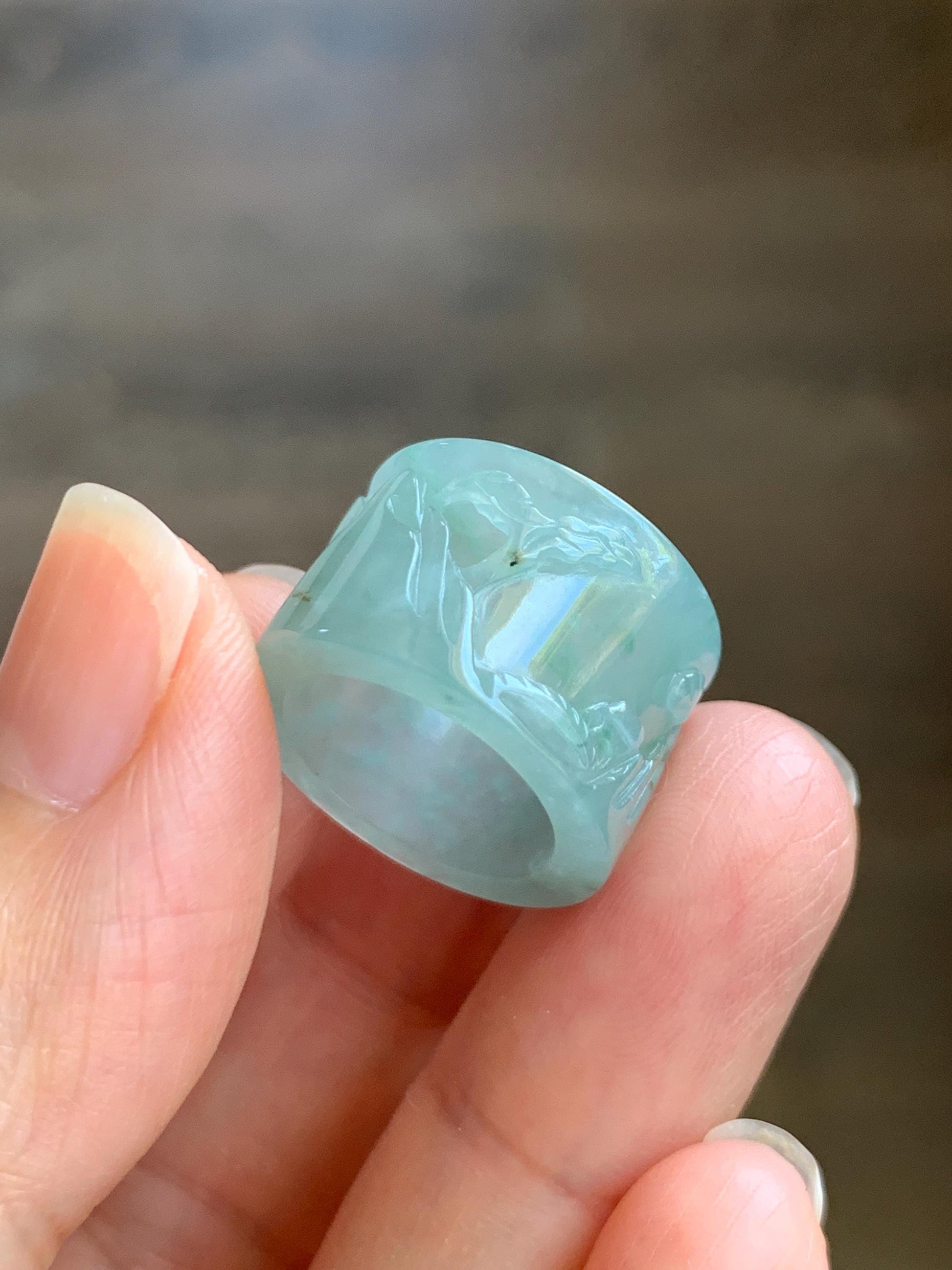 Engraved Jadeite Shan Shui Nature Pendant: Icy Translucent Light Teal Green Guatemalan Jade Natural Untreated Grade A 天然冰危浅绿翡翠山水雕跑环吊坠 QDW