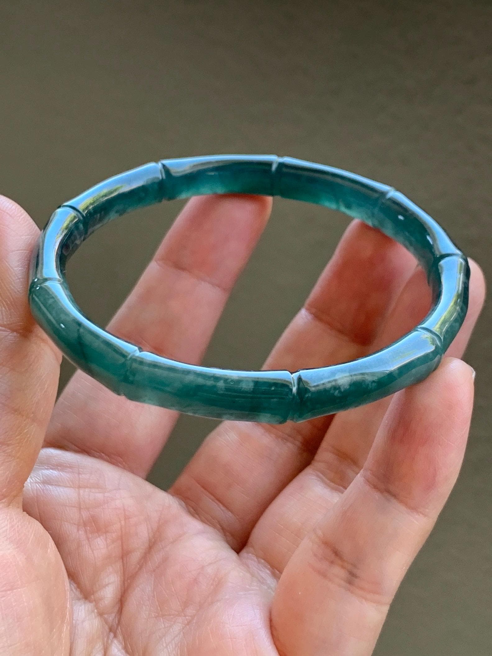 Certified Natural Grade A Guatemalan Icy Translucent Gelatinous Dark Teal Green Jade Jadeite Bamboo Bangle 56.9 7” 22g 天然冰危深浅篮绿翡翠竹节手镯 8802