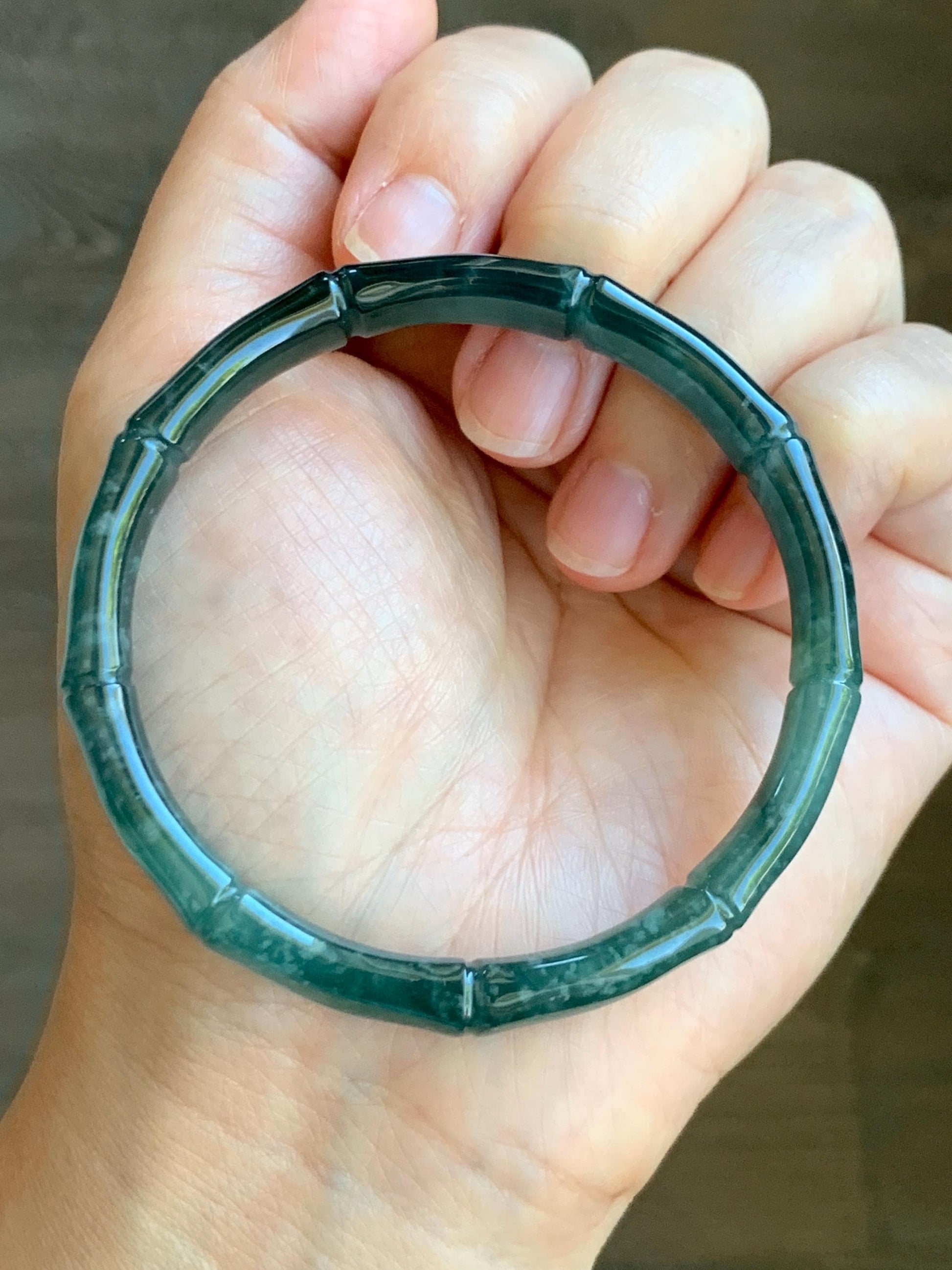 Certified Natural Grade A Guatemalan Icy Translucent Gelatinous Dark Teal Green Jade Jadeite Bamboo Bangle 56.9 7” 22g 天然冰危深浅篮绿翡翠竹节手镯 8802