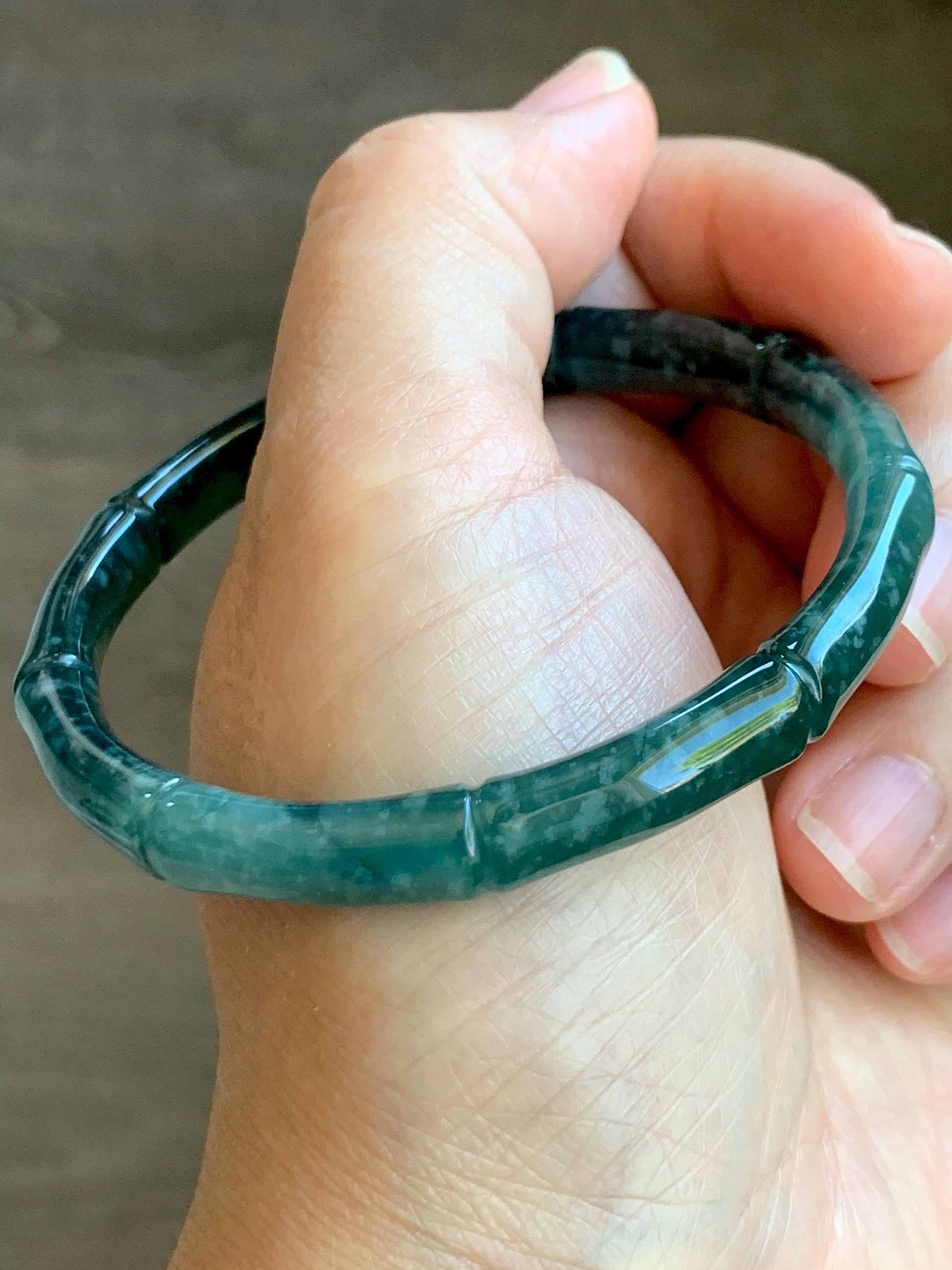 Certified Natural Grade A Guatemalan Icy Translucent Gelatinous Dark Teal Green Jade Jadeite Bamboo Bangle 56.9 7” 22g 天然冰危深浅篮绿翡翠竹节手镯 8802
