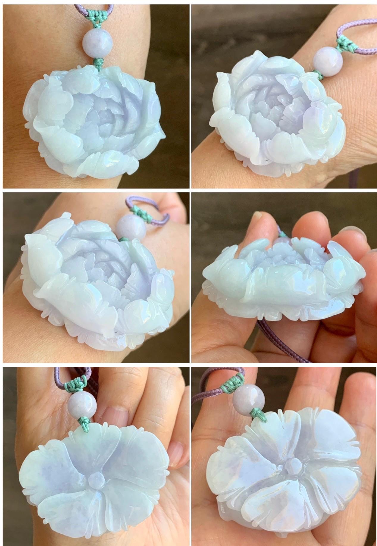 Natural Grade A Icy Translucent Pastel Purple Jade Jadeite Carved Peony Flower Pendant Rope Necklace 26” 37g 天然冰淡紫翡翠牡丹花吊坠项链 DZP261