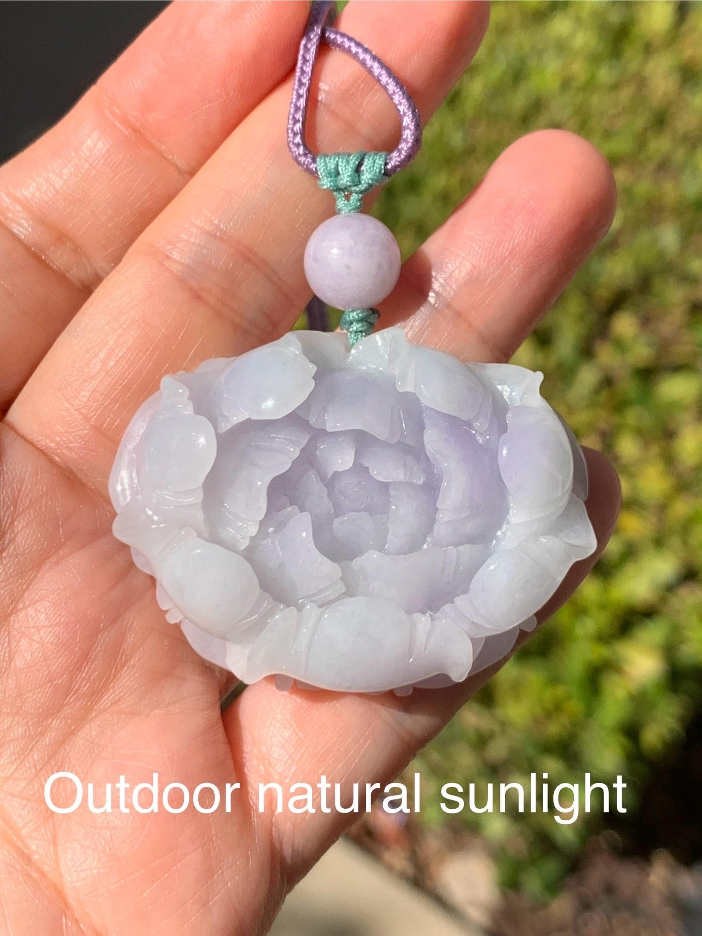 Natural Grade A Icy Translucent Pastel Purple Jade Jadeite Carved Peony Flower Pendant Rope Necklace 26” 37g 天然冰淡紫翡翠牡丹花吊坠项链 DZP261
