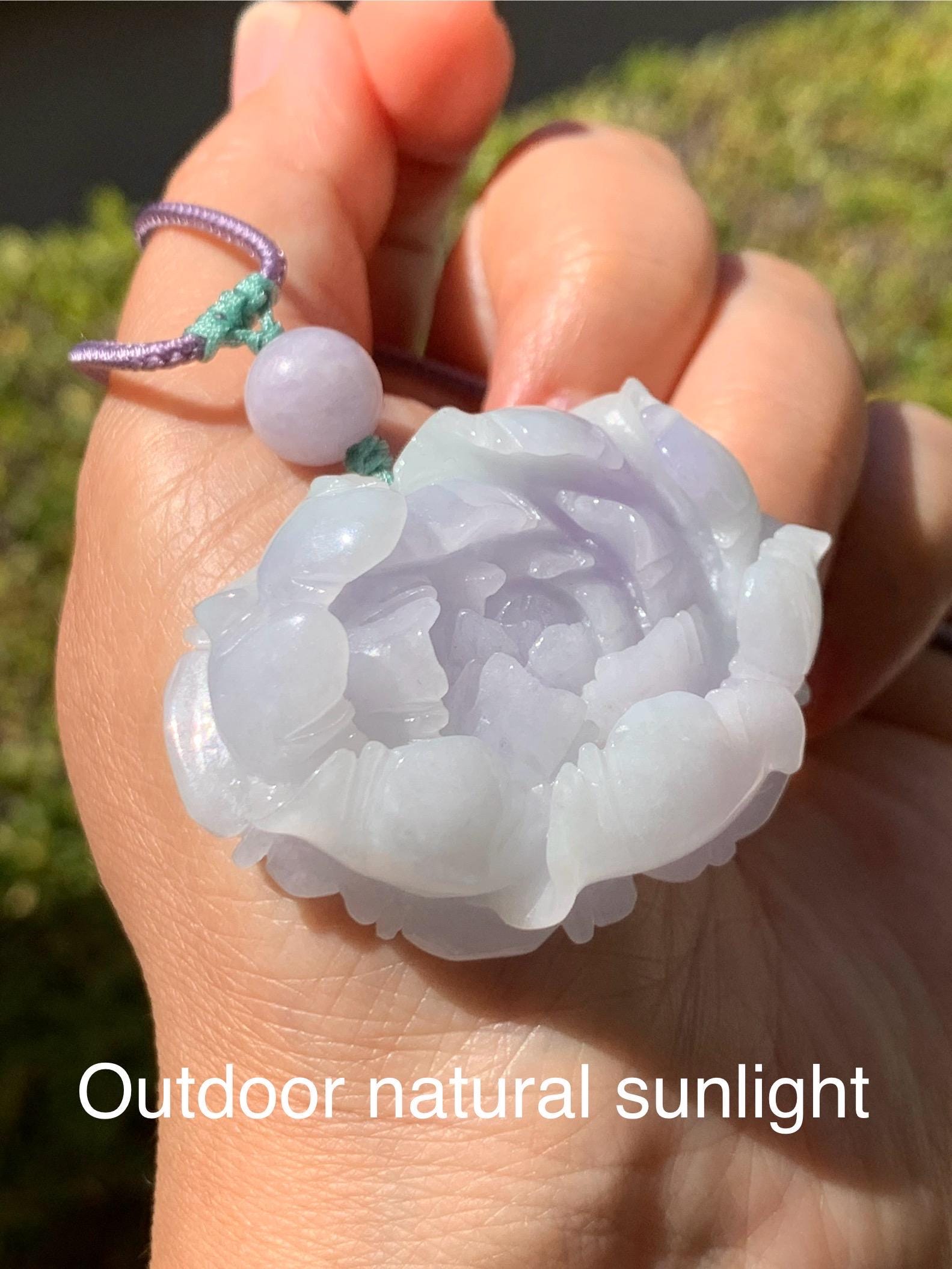 Natural Grade A Icy Translucent Pastel Purple Jade Jadeite Carved Peony Flower Pendant Rope Necklace 26” 37g 天然冰淡紫翡翠牡丹花吊坠项链 DZP261