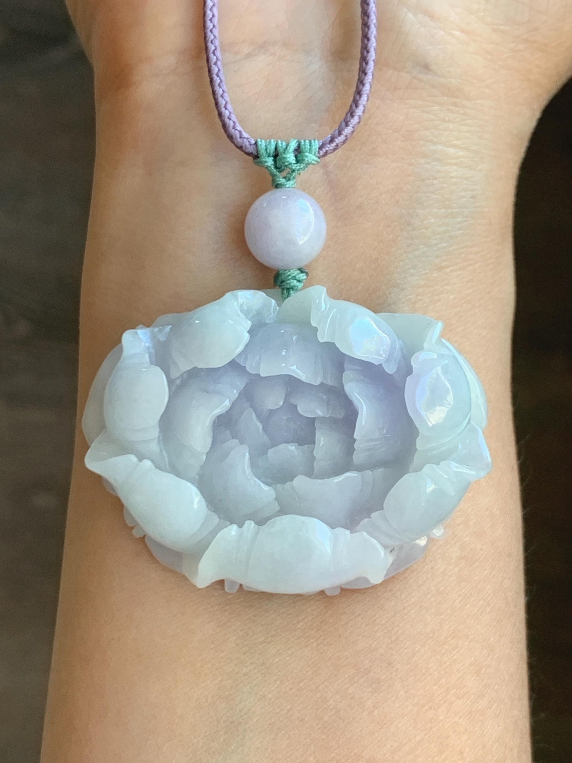 Natural Grade A Icy Translucent Pastel Purple Jade Jadeite Carved Peony Flower Pendant Rope Necklace 26” 37g 天然冰淡紫翡翠牡丹花吊坠项链 DZP261