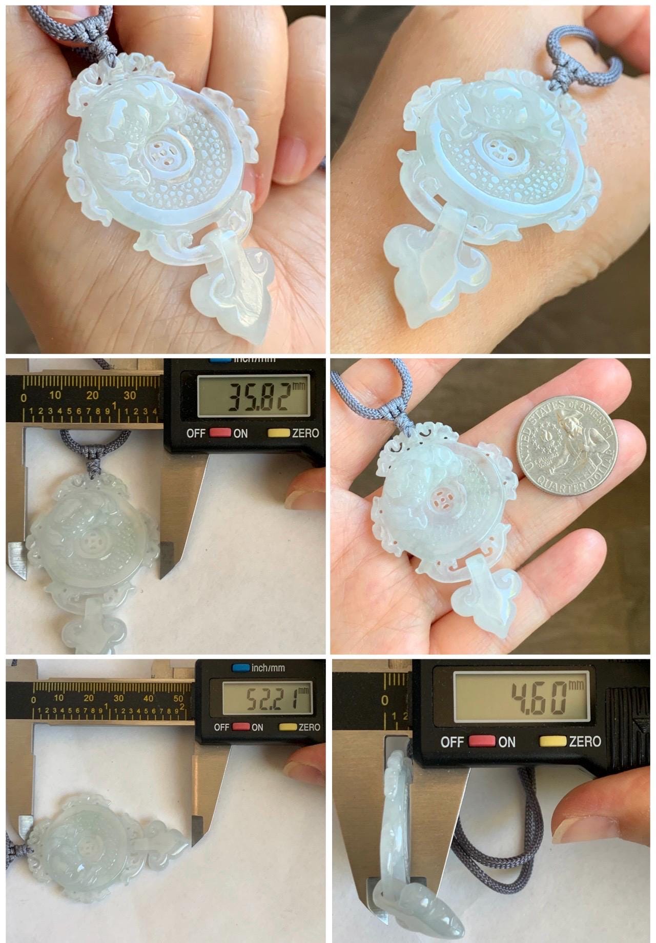 Natural Grade A Icy Highly Translucent White Jade Jadeite Lotus Flower Ping An Kou Donut Pendant Rope Necklace 26" 天然白冰翡翠莲花平安扣吊坠项链 FGK275