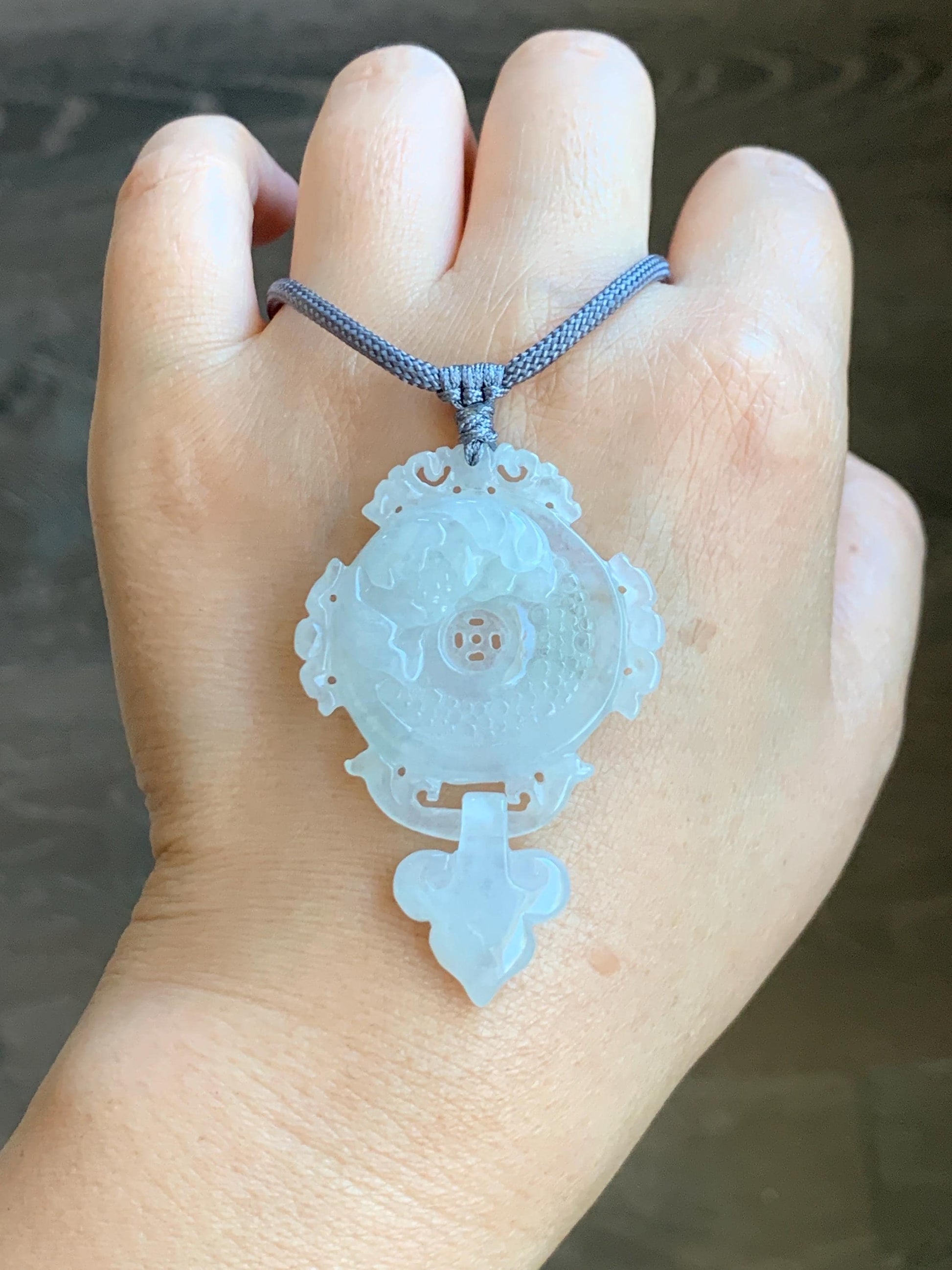Natural Grade A Icy Highly Translucent White Jade Jadeite Lotus Flower Ping An Kou Donut Pendant Rope Necklace 26" 天然白冰翡翠莲花平安扣吊坠项链 FGK275