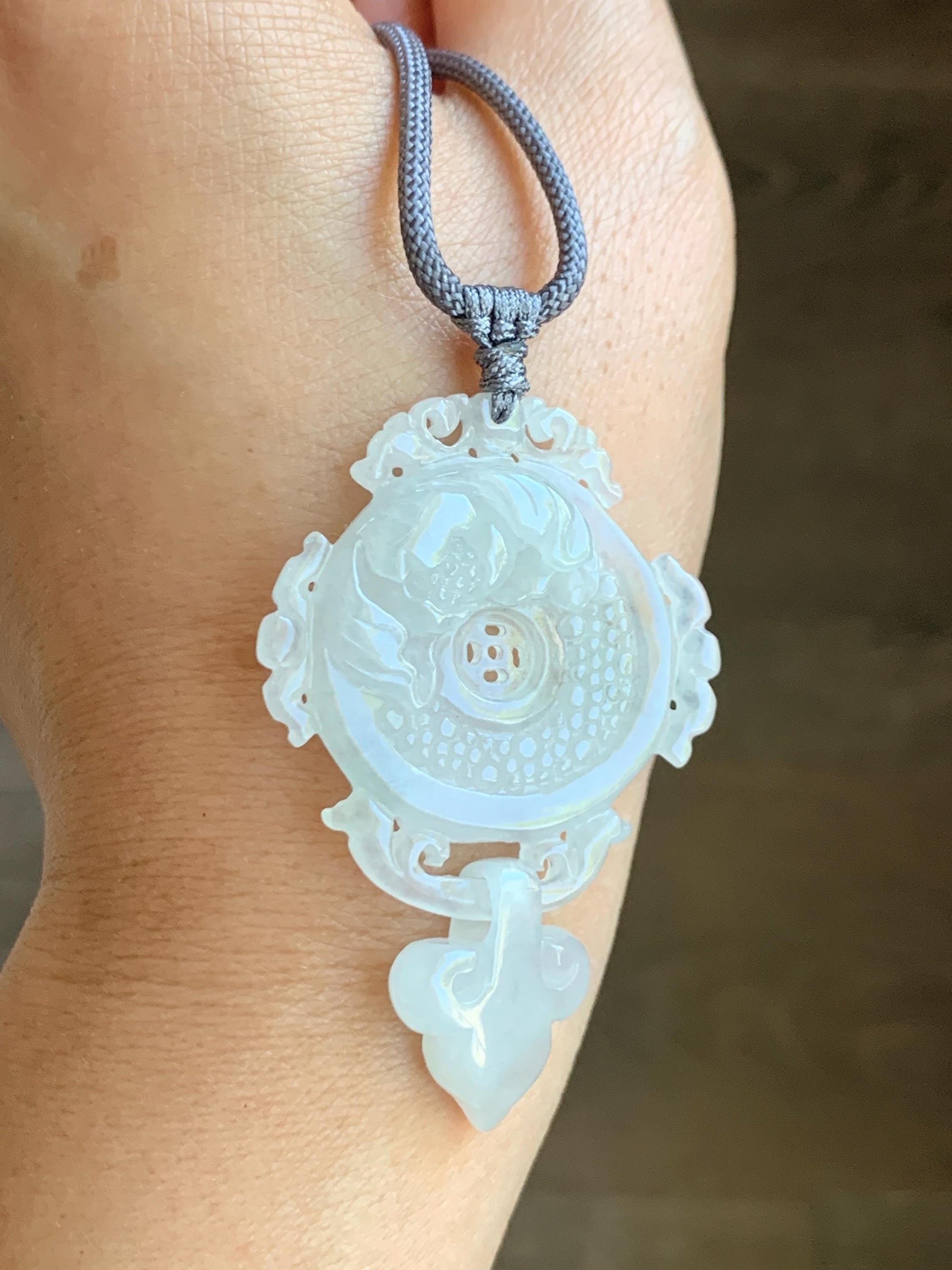 Natural Grade A Icy Highly Translucent White Jade Jadeite Lotus Flower Ping An Kou Donut Pendant Rope Necklace 26" 天然白冰翡翠莲花平安扣吊坠项链 FGK275