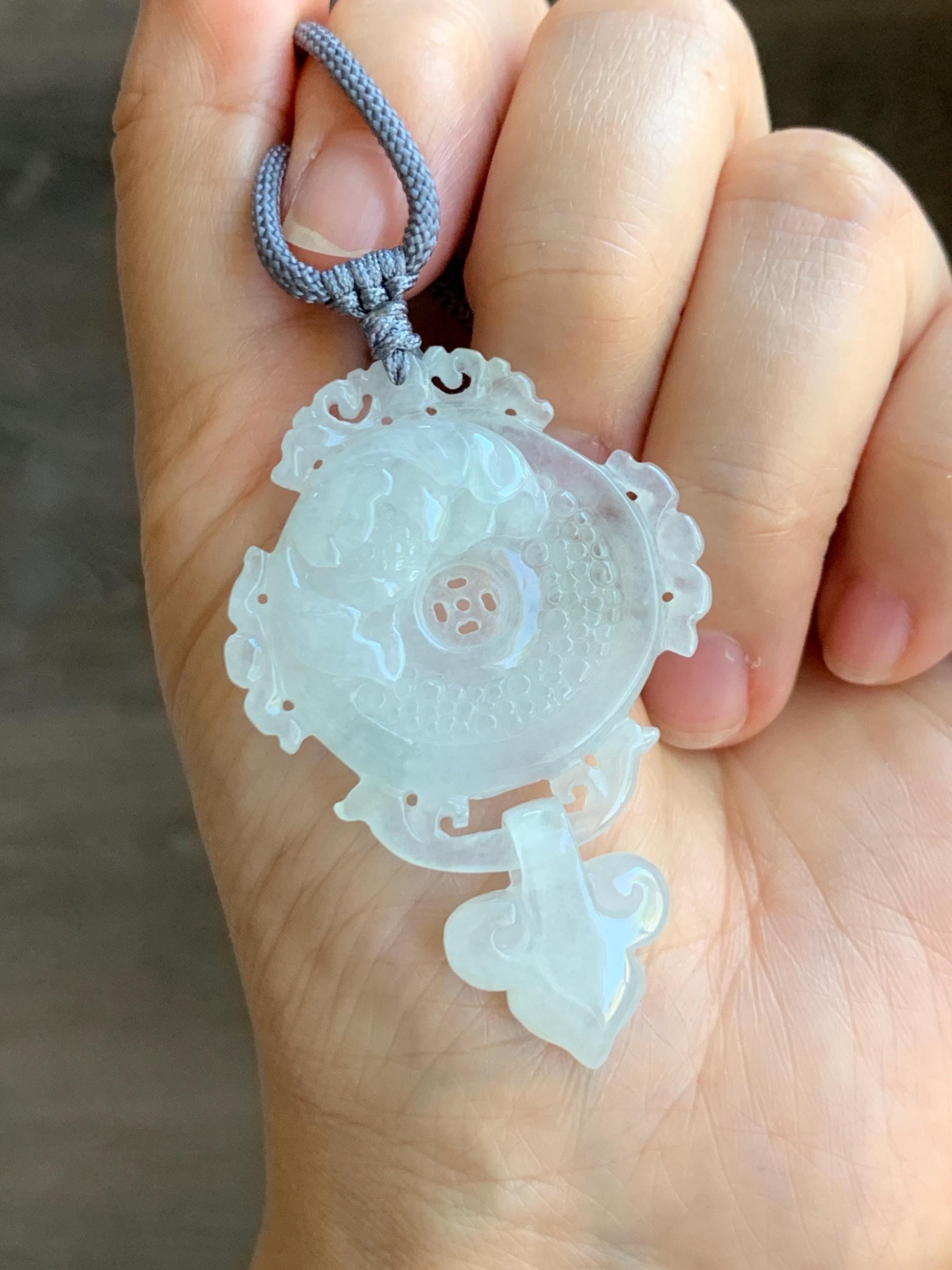 Natural Grade A Icy Highly Translucent White Jade Jadeite Lotus Flower Ping An Kou Donut Pendant Rope Necklace 26" 天然白冰翡翠莲花平安扣吊坠项链 FGK275