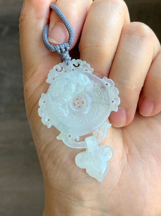 Natural Grade A Icy Highly Translucent White Jade Jadeite Lotus Flower Ping An Kou Donut Pendant Rope Necklace 26" 天然白冰翡翠莲花平安扣吊坠项链 FGK275