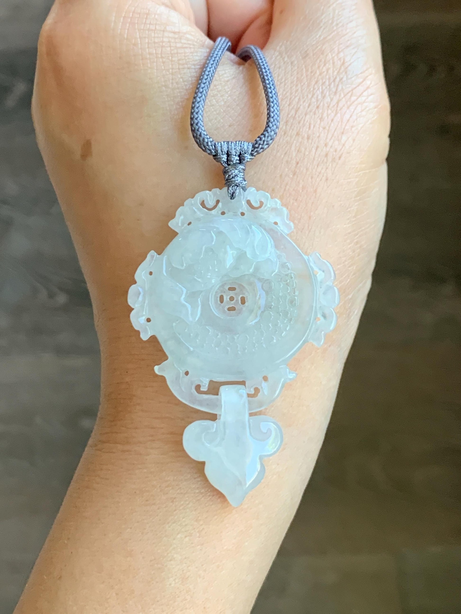 Natural Grade A Icy Highly Translucent White Jade Jadeite Lotus Flower Ping An Kou Donut Pendant Rope Necklace 26" 天然白冰翡翠莲花平安扣吊坠项链 FGK275