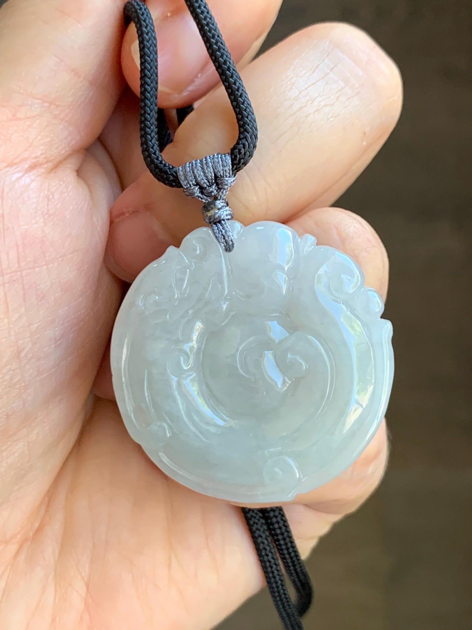 Natural Grade A Icy Translucent Pastel Smoky Gray Jade Jadeite Carved Dragon Donut Pendant Rope Necklace 26” 18g 天然冰烟灰色翡翠盘龙平安扣吊坠项链 PLK120