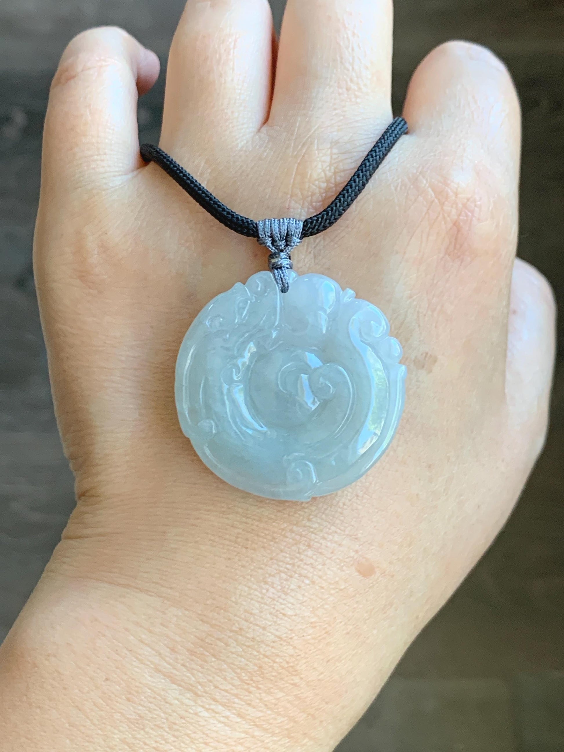 Natural Grade A Icy Translucent Pastel Smoky Gray Jade Jadeite Carved Dragon Donut Pendant Rope Necklace 26” 18g 天然冰烟灰色翡翠盘龙平安扣吊坠项链 PLK120