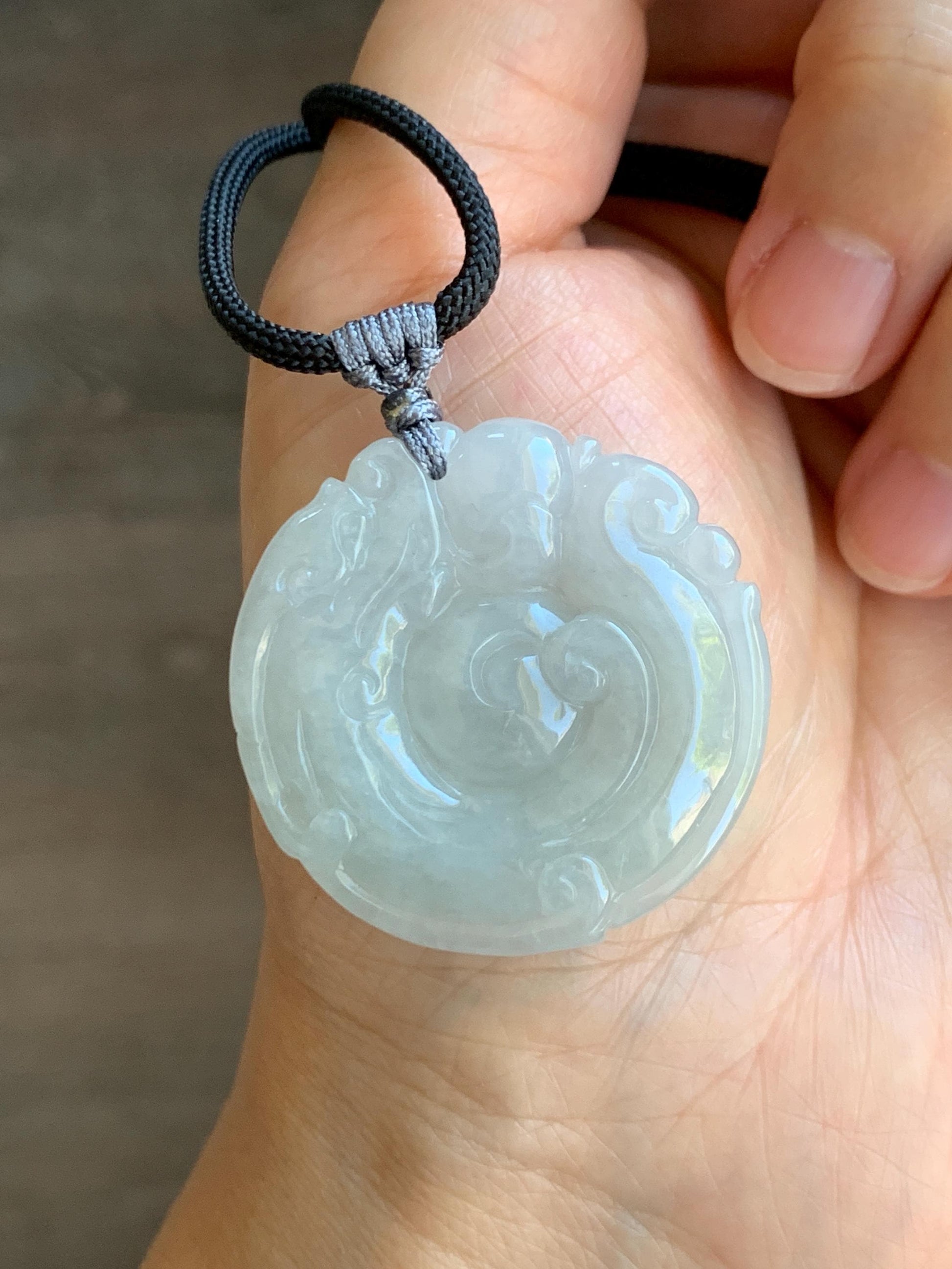 Natural Grade A Icy Translucent Pastel Smoky Gray Jade Jadeite Carved Dragon Donut Pendant Rope Necklace 26” 18g 天然冰烟灰色翡翠盘龙平安扣吊坠项链 PLK120