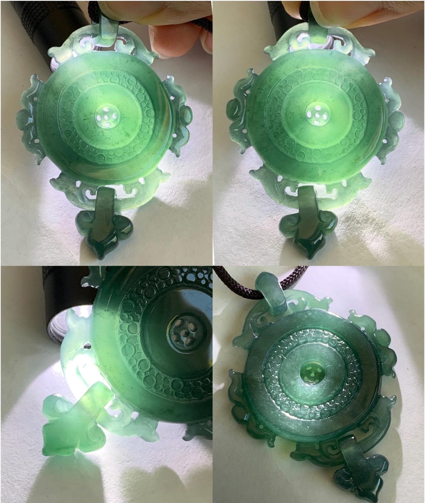 Certified Natural Grade A Guatemalan Icy Translucent Dark Teal Blue Jadeite Ping An Kou Donut Pendant Rope Necklace 天然冰危深蓝翡翠仿古平安扣吊坠项链 8734