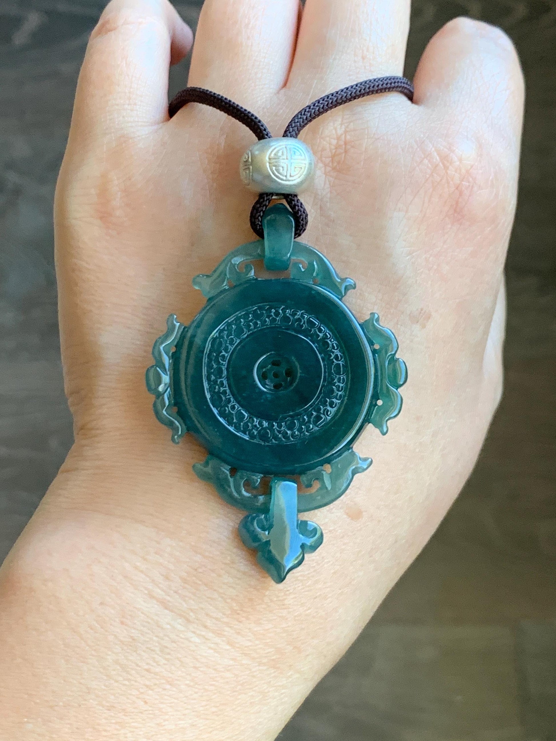 Certified Natural Grade A Guatemalan Icy Translucent Dark Teal Blue Jadeite Ping An Kou Donut Pendant Rope Necklace 天然冰危深蓝翡翠仿古平安扣吊坠项链 8734