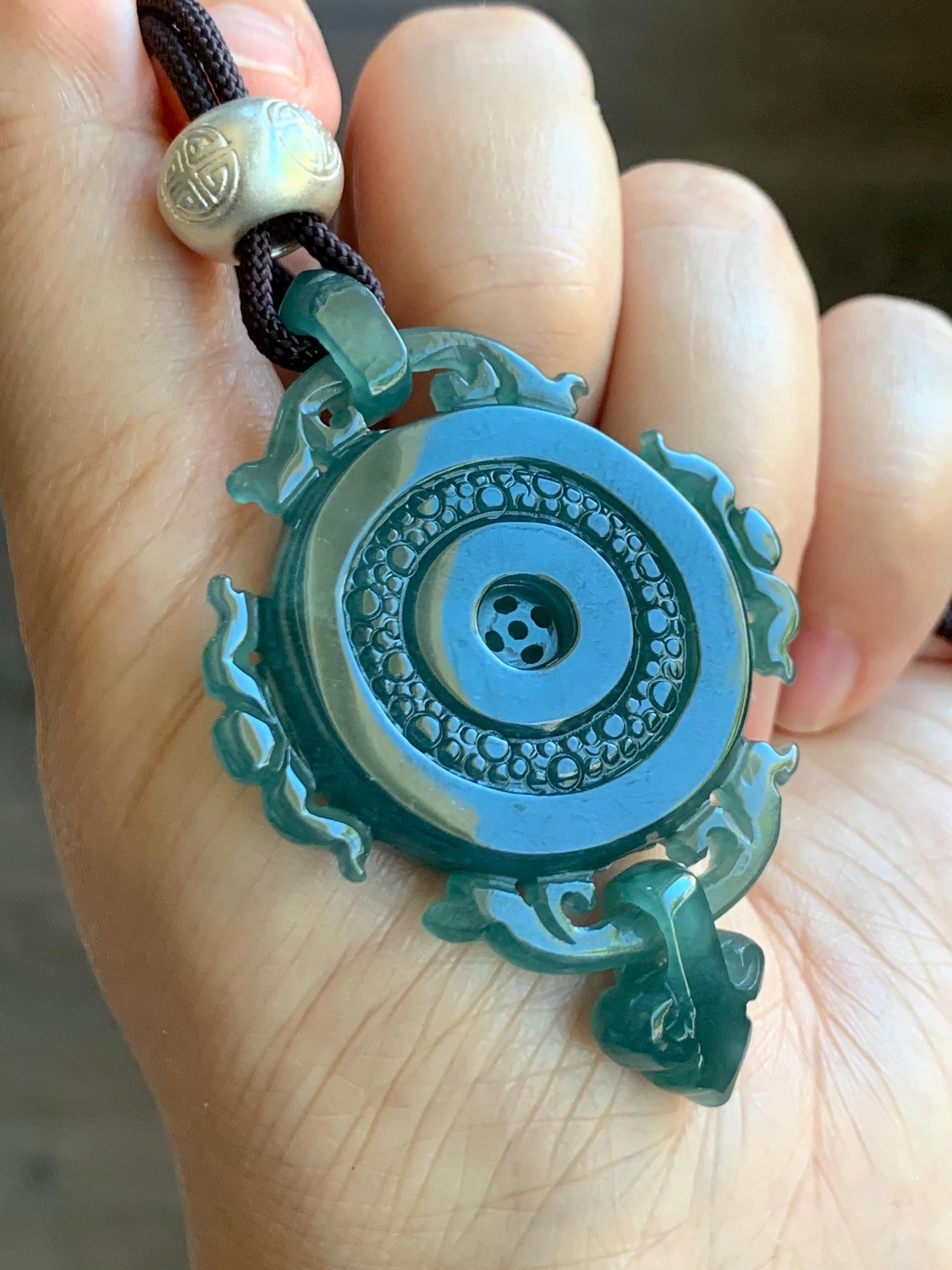 Certified Natural Grade A Guatemalan Icy Translucent Dark Teal Blue Jadeite Ping An Kou Donut Pendant Rope Necklace 天然冰危深蓝翡翠仿古平安扣吊坠项链 8734
