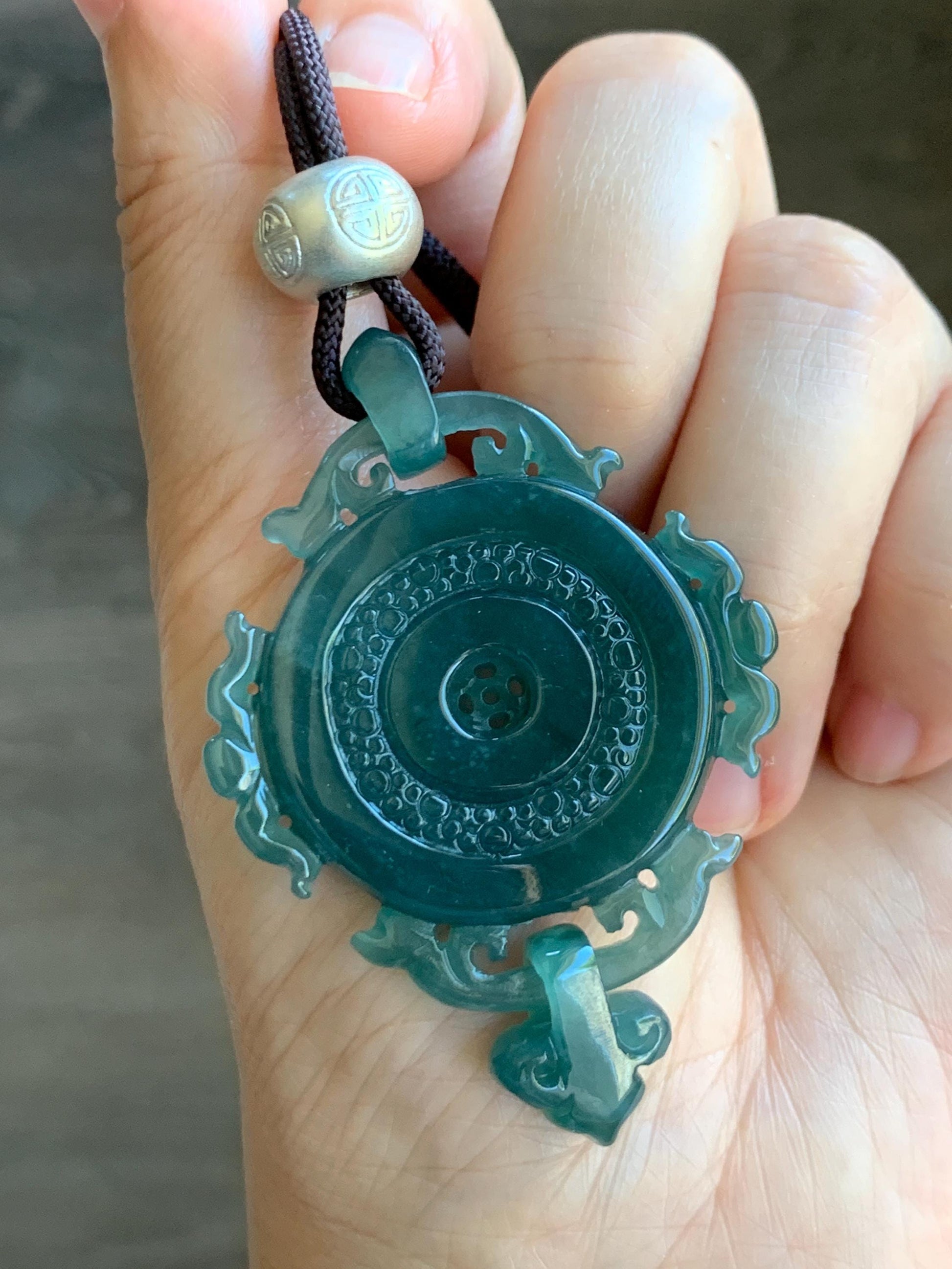 Certified Natural Grade A Guatemalan Icy Translucent Dark Teal Blue Jadeite Ping An Kou Donut Pendant Rope Necklace 天然冰危深蓝翡翠仿古平安扣吊坠项链 8734