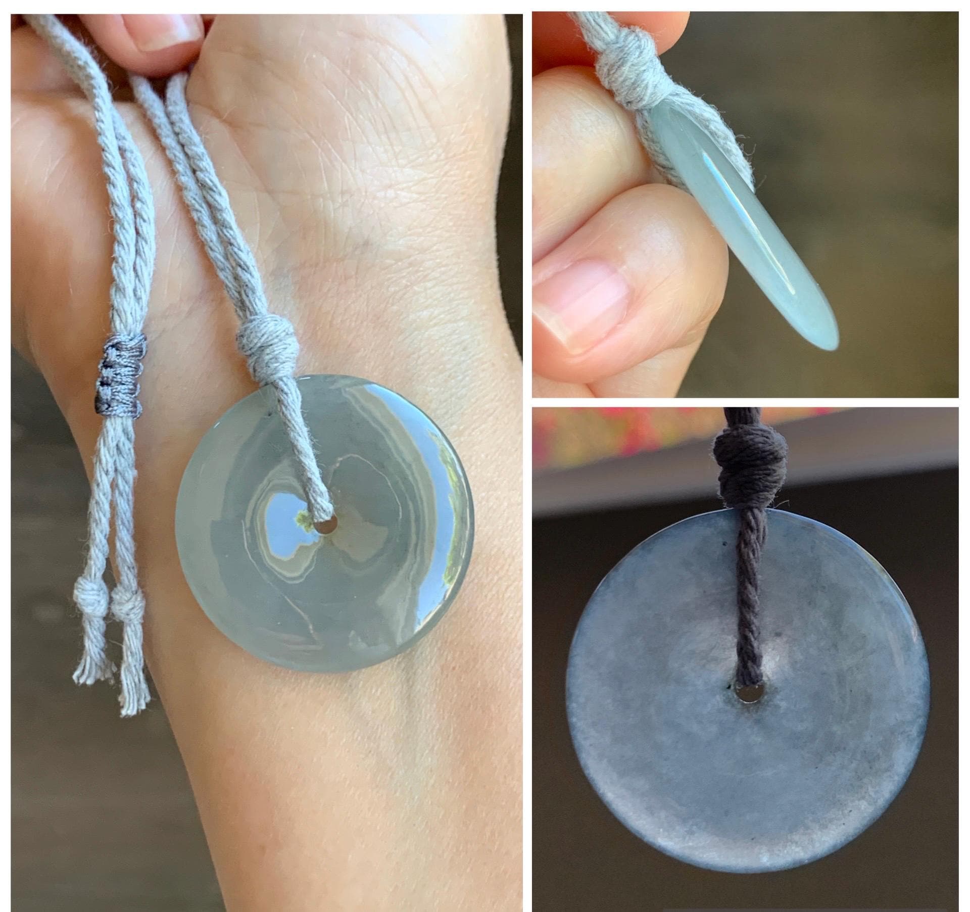 Natural Grade A Icy Translucent Pastel Smoky Gray Jade Jadeite Ping An Kou Donut Pendant Rope Necklace 25” 12g 天然冰烟灰色翡翠平安扣吊坠项链 MLW120C