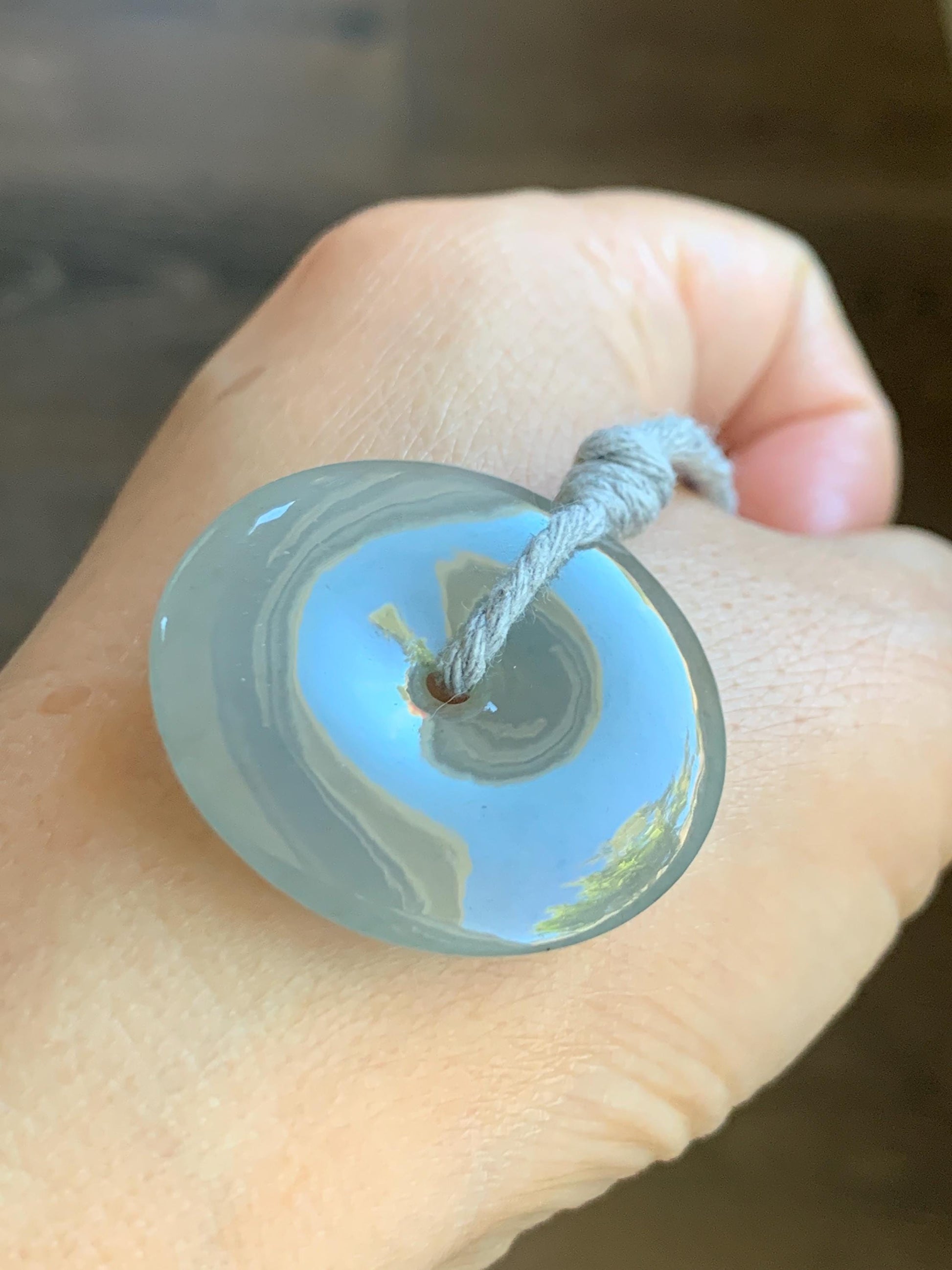 Natural Grade A Icy Translucent Pastel Smoky Gray Jade Jadeite Ping An Kou Donut Pendant Rope Necklace 25” 12g 天然冰烟灰色翡翠平安扣吊坠项链 MLW120C