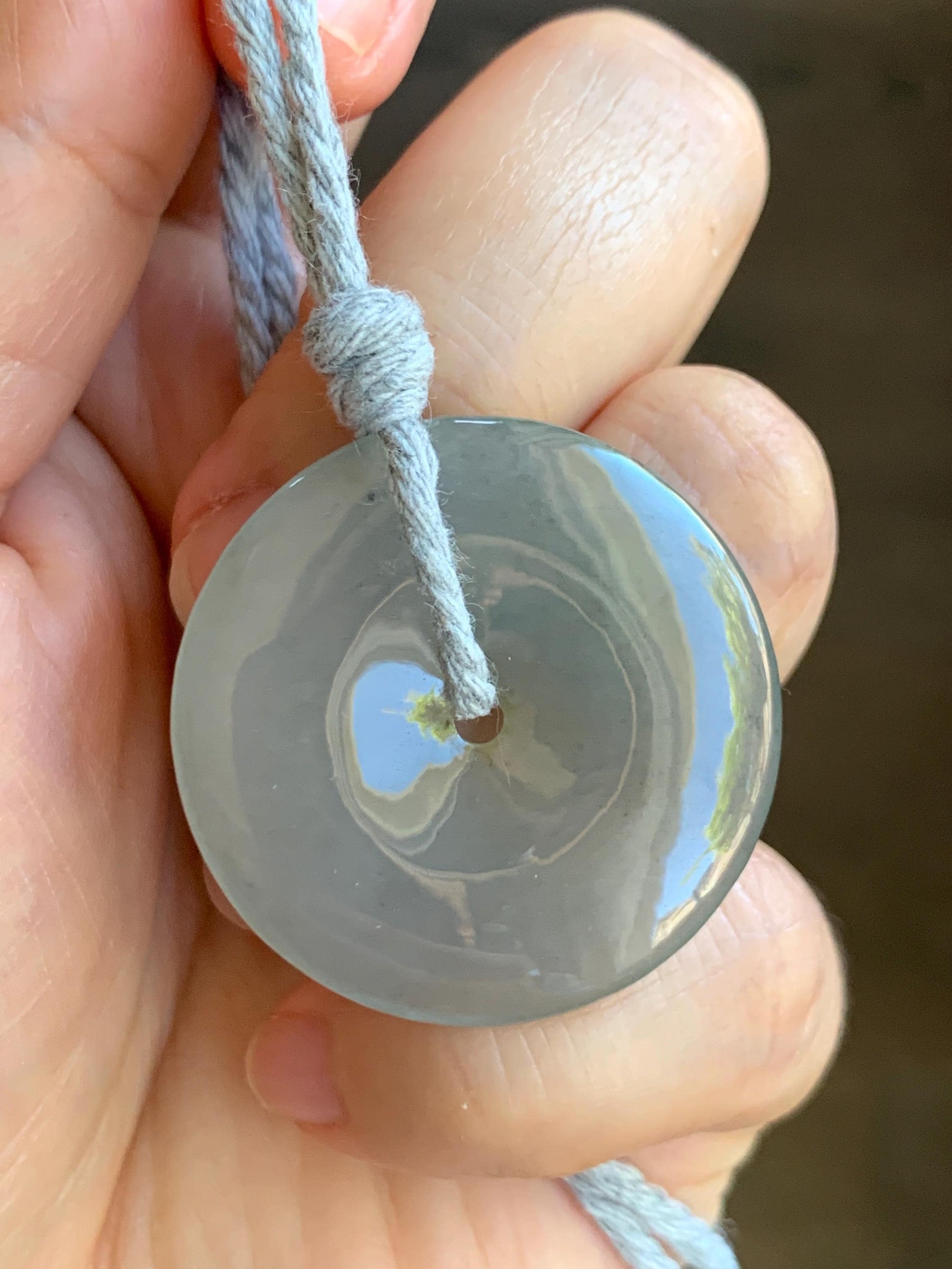 Natural Grade A Icy Translucent Pastel Smoky Gray Jade Jadeite Ping An Kou Donut Pendant Rope Necklace 25” 12g 天然冰烟灰色翡翠平安扣吊坠项链 MLW120C