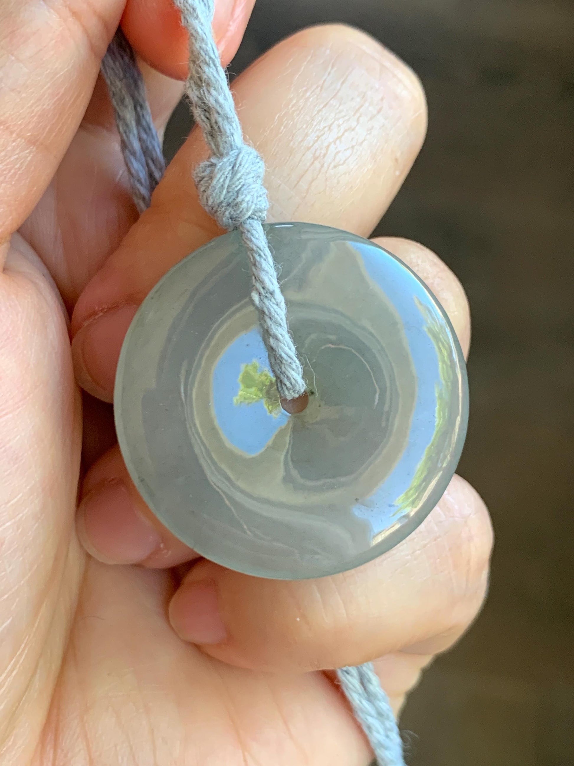 Natural Grade A Icy Translucent Pastel Smoky Gray Jade Jadeite Ping An Kou Donut Pendant Rope Necklace 25” 12g 天然冰烟灰色翡翠平安扣吊坠项链 MLW120C