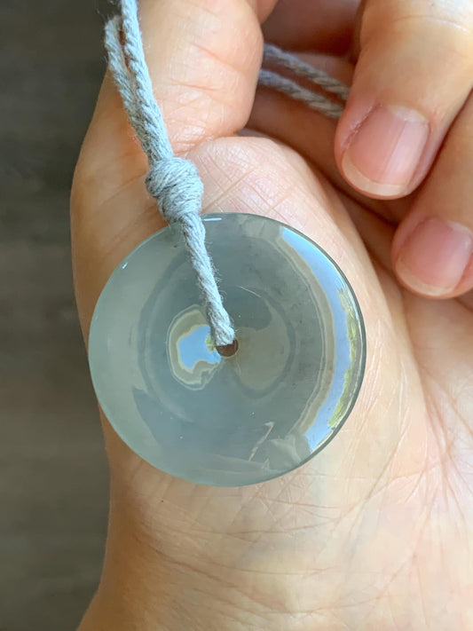 Natural Grade A Icy Translucent Pastel Smoky Gray Jade Jadeite Ping An Kou Donut Pendant Rope Necklace 25” 12g 天然冰烟灰色翡翠平安扣吊坠项链 MLW120C