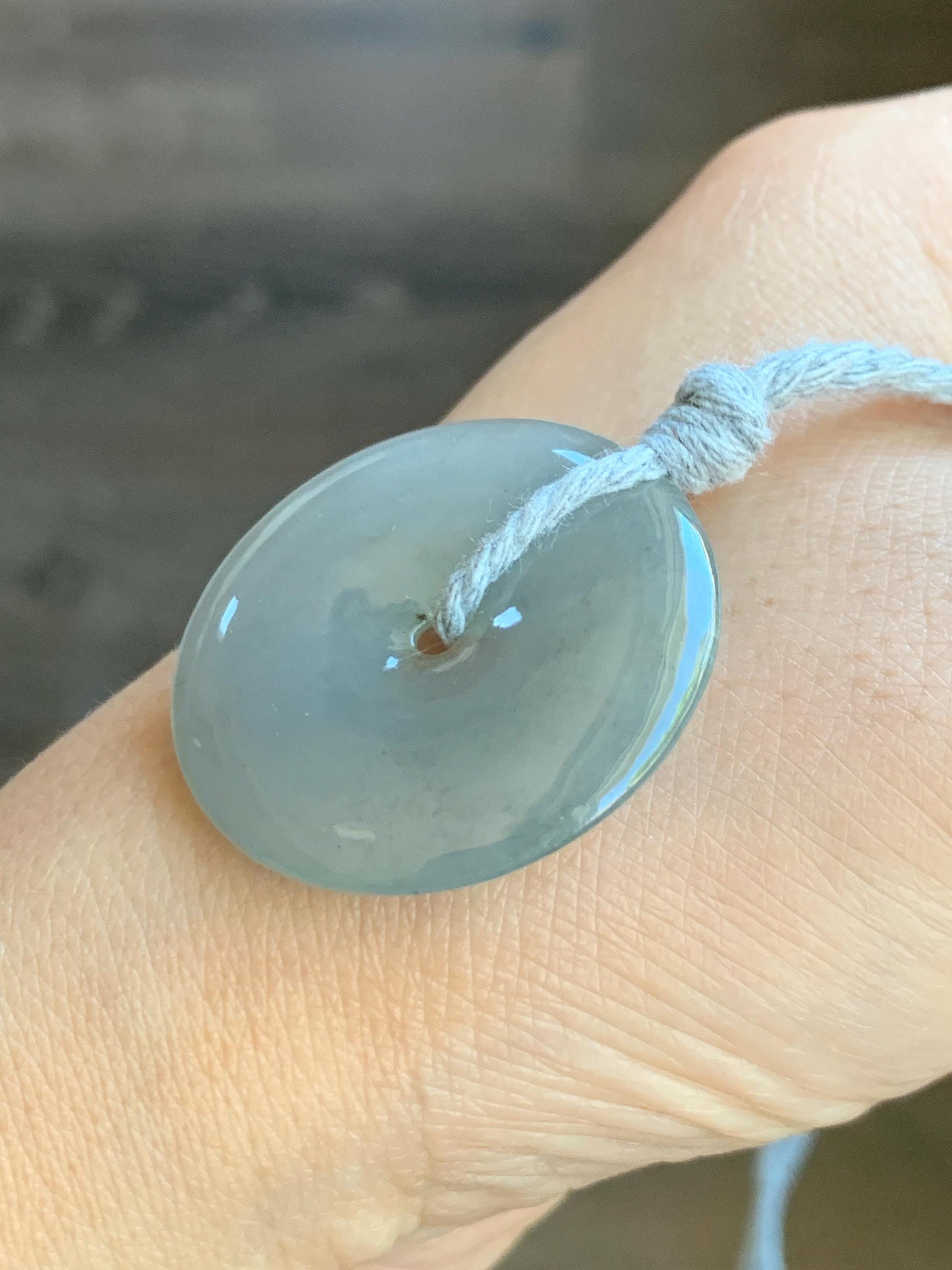 Natural Grade A Icy Translucent Pastel Smoky Gray Jade Jadeite Ping An Kou Donut Pendant Rope Necklace 25” 12g 天然冰烟灰色翡翠平安扣吊坠项链 MLW120C